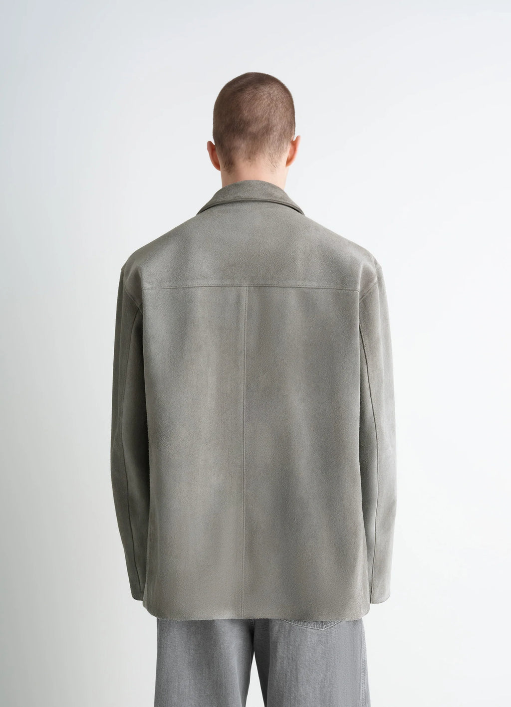 Suede Single Breasted Jacket in Brushed Suede Cow Leather, model shot, back view straight back seam