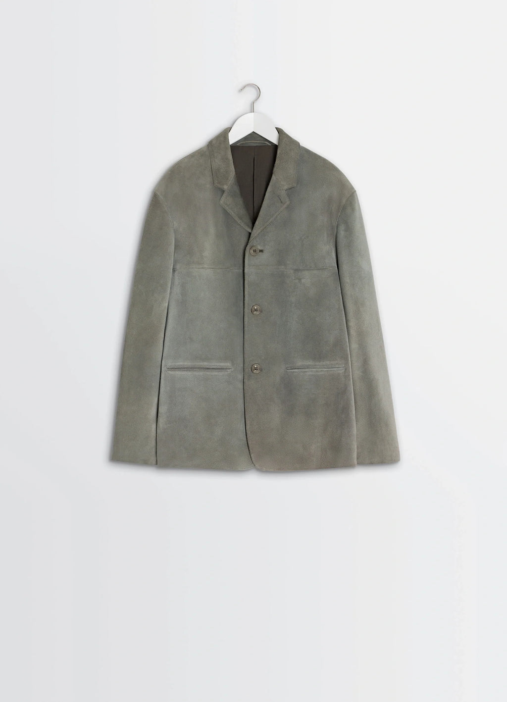 Suede Single Breasted Jacket in Brushed Suede Cow Leather, product shot, hanger display view neutral soft texture