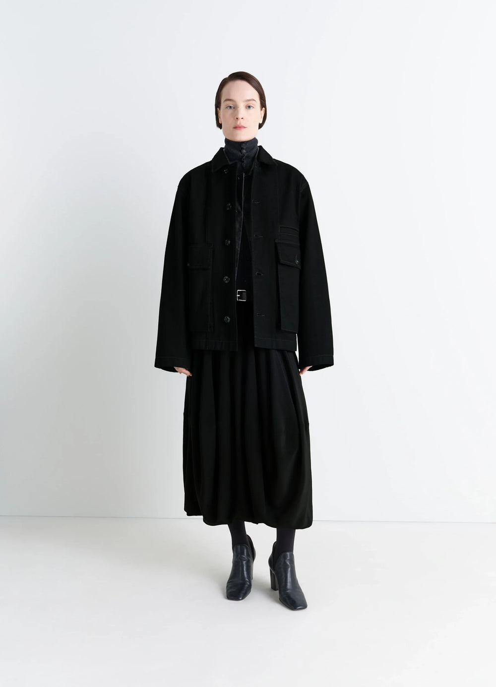 Lemaire Boxy Jacket in Heavy Black Denim, model shot, full-body shot worn by model, relaxed fit