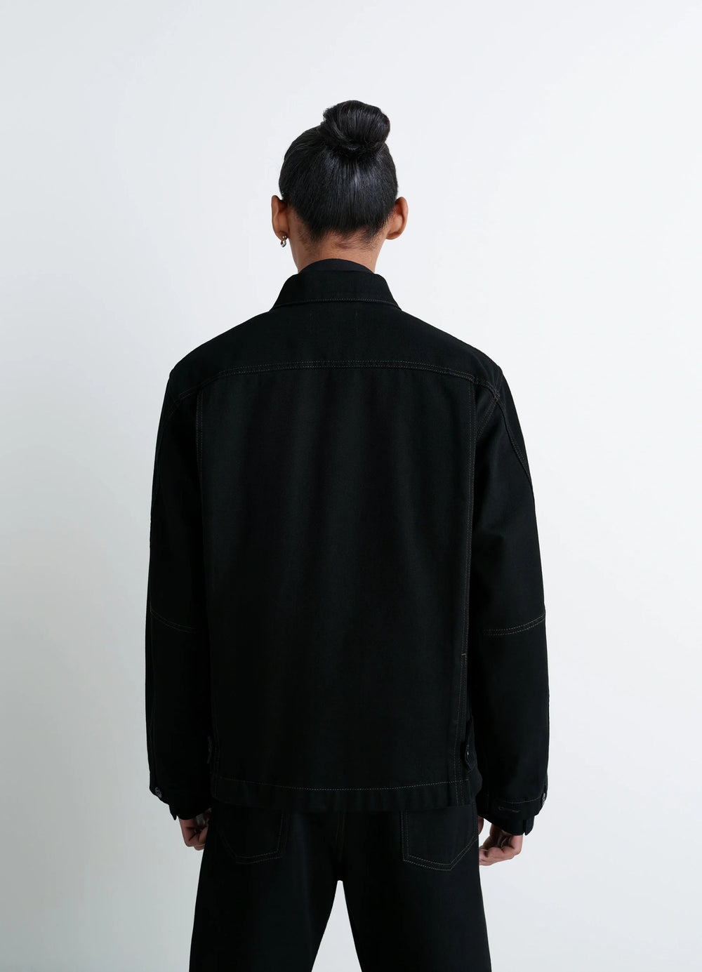 Lemaire Boxy Jacket in Heavy Black Denim, model shot, back view straight hem detail