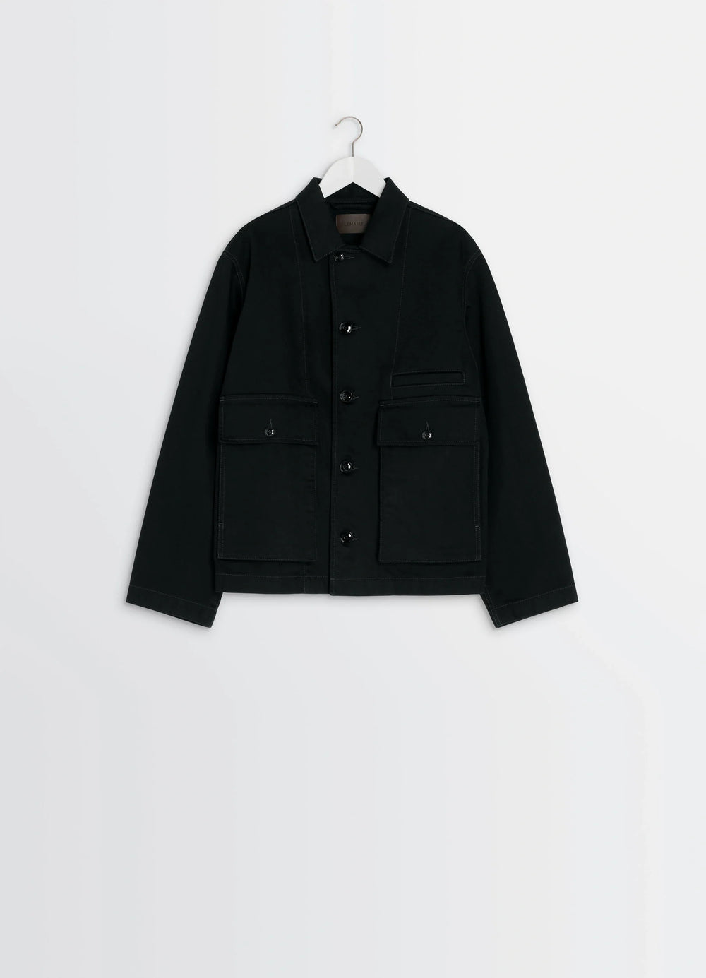 Lemaire Boxy Jacket in Heavy Black Denim, product shot, hanger packshot centered collar display
