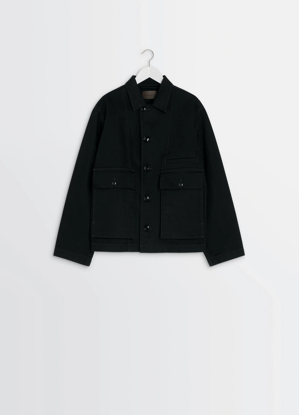 Lemaire Boxy Jacket in Heavy Black Denim, product shot, hanger packshot centered collar display
