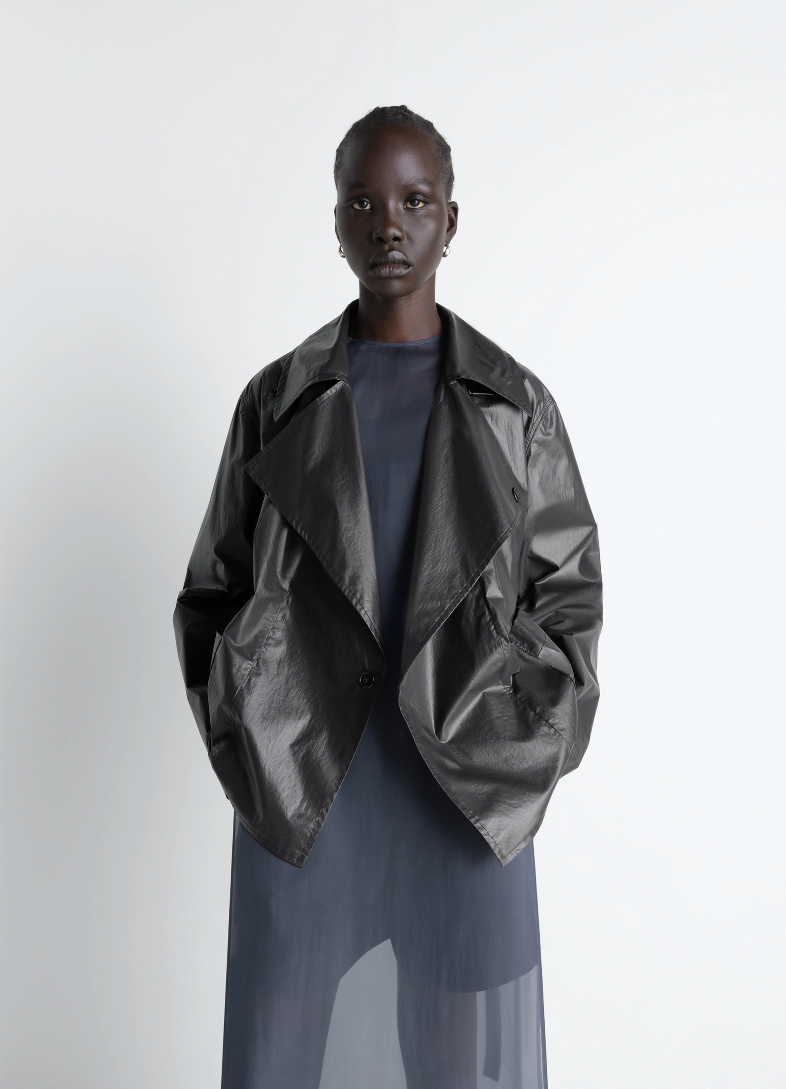 Light wrap jacket in light coated cotton, model shot, torso view oversized collar