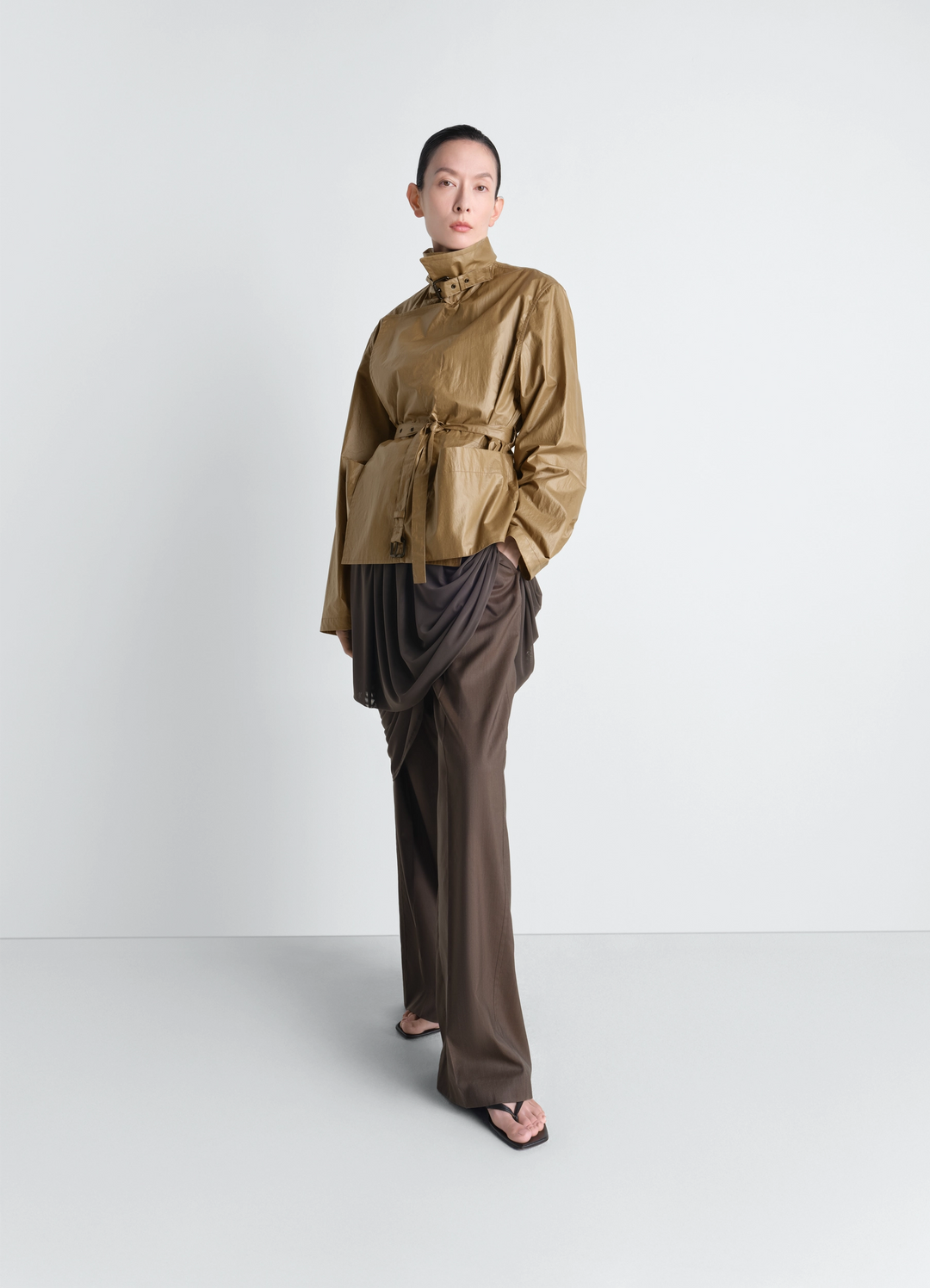 Light Wrap Jacket in Light Coated Cotton, model shot, Front view Belted high waist