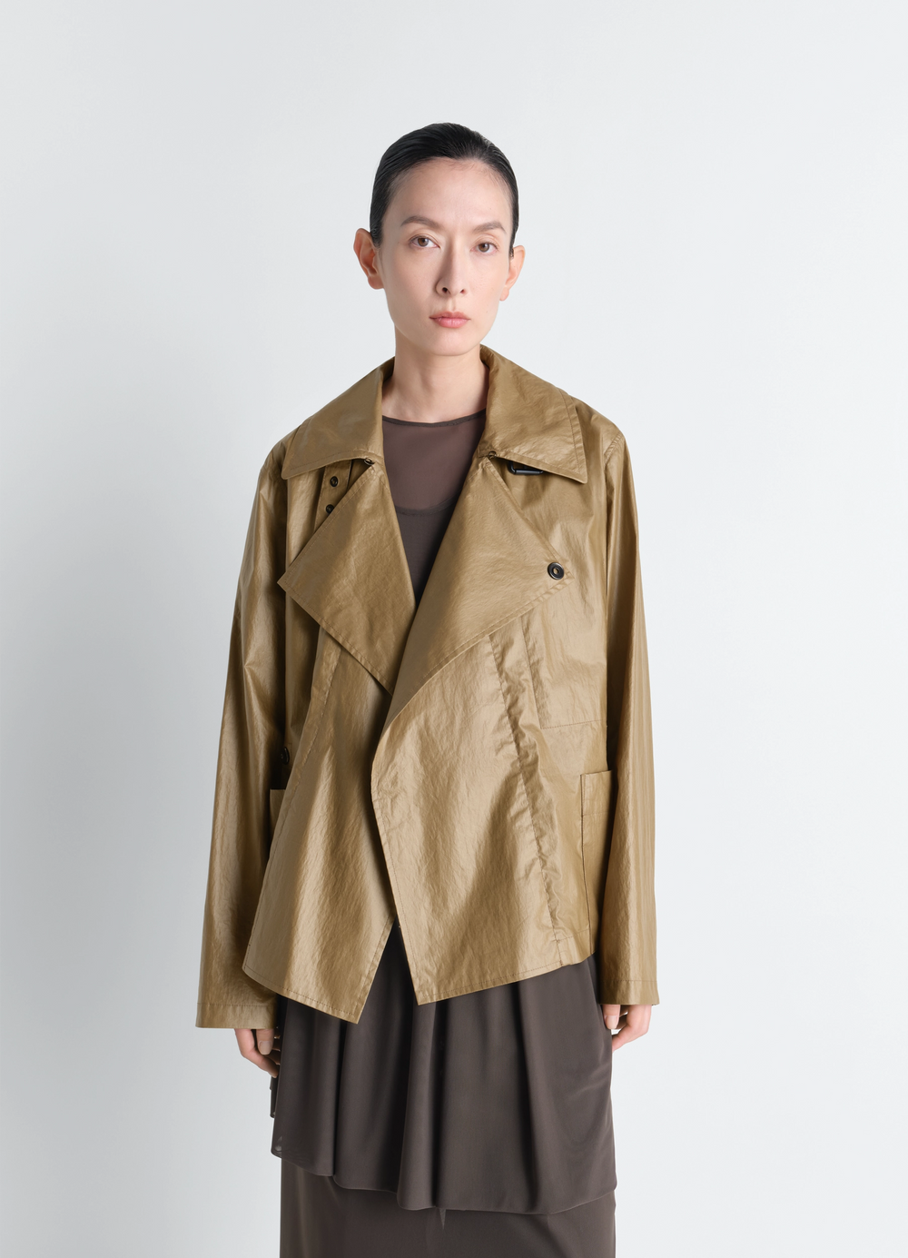 Light Wrap Jacket in Light Coated Cotton, model shot, three-quarter view asymmetrical front