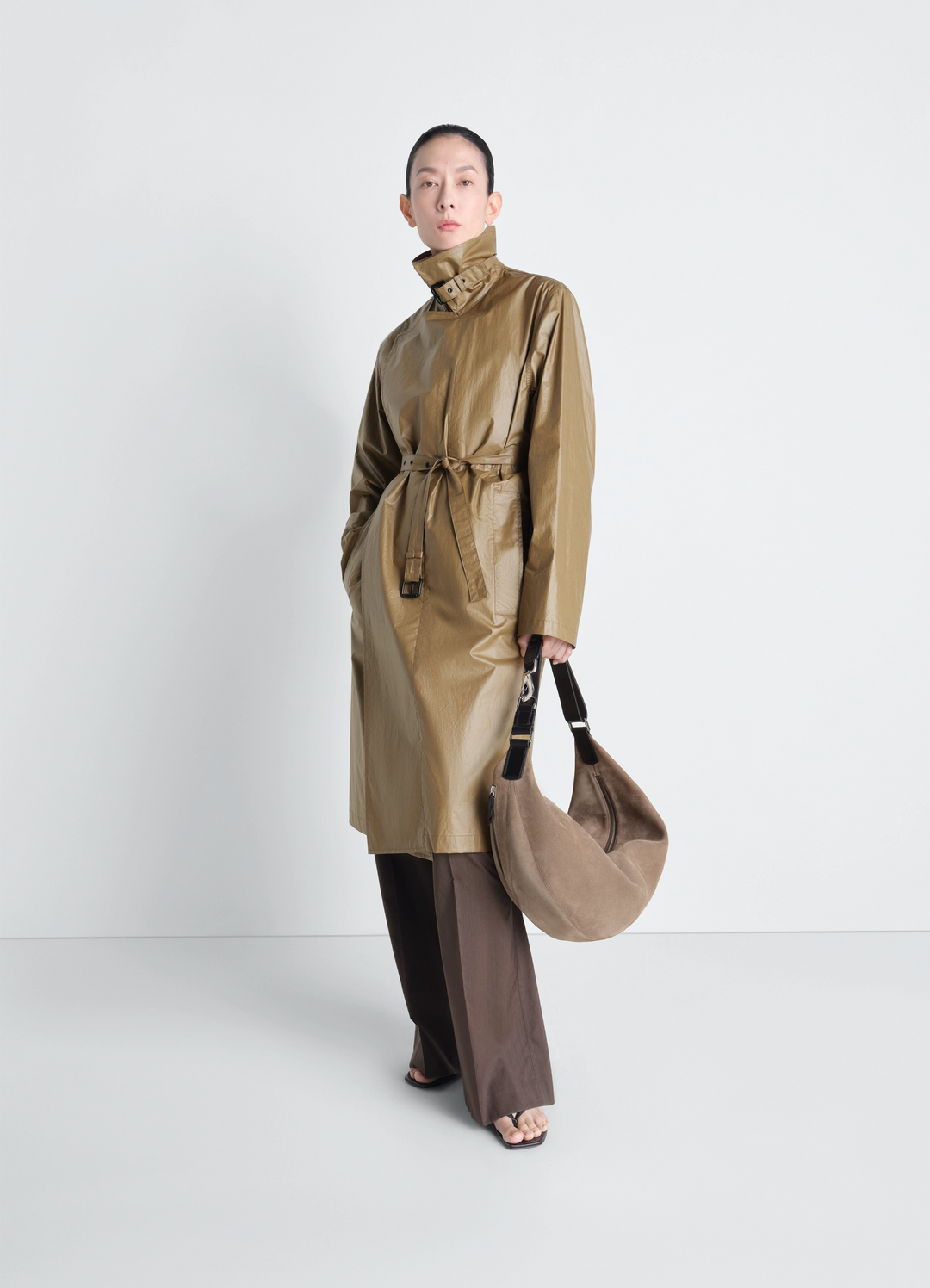 Light Wrap Coat in Light Coated Cotton, model shot, Front angled view Belted high waist