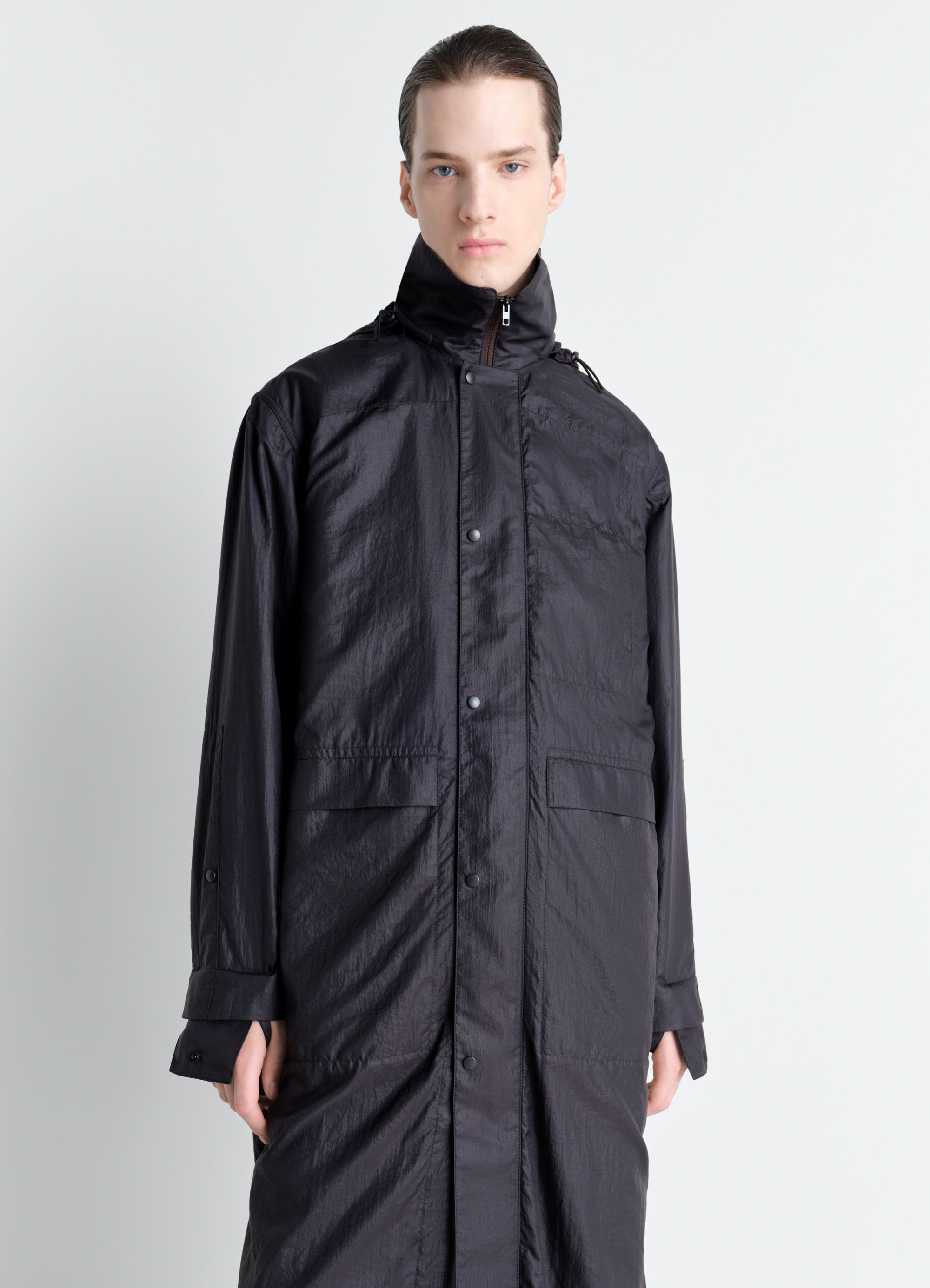 HOODED RAINCOAT IN LIGHT NYLON - Ash Black - Water Repellent Light