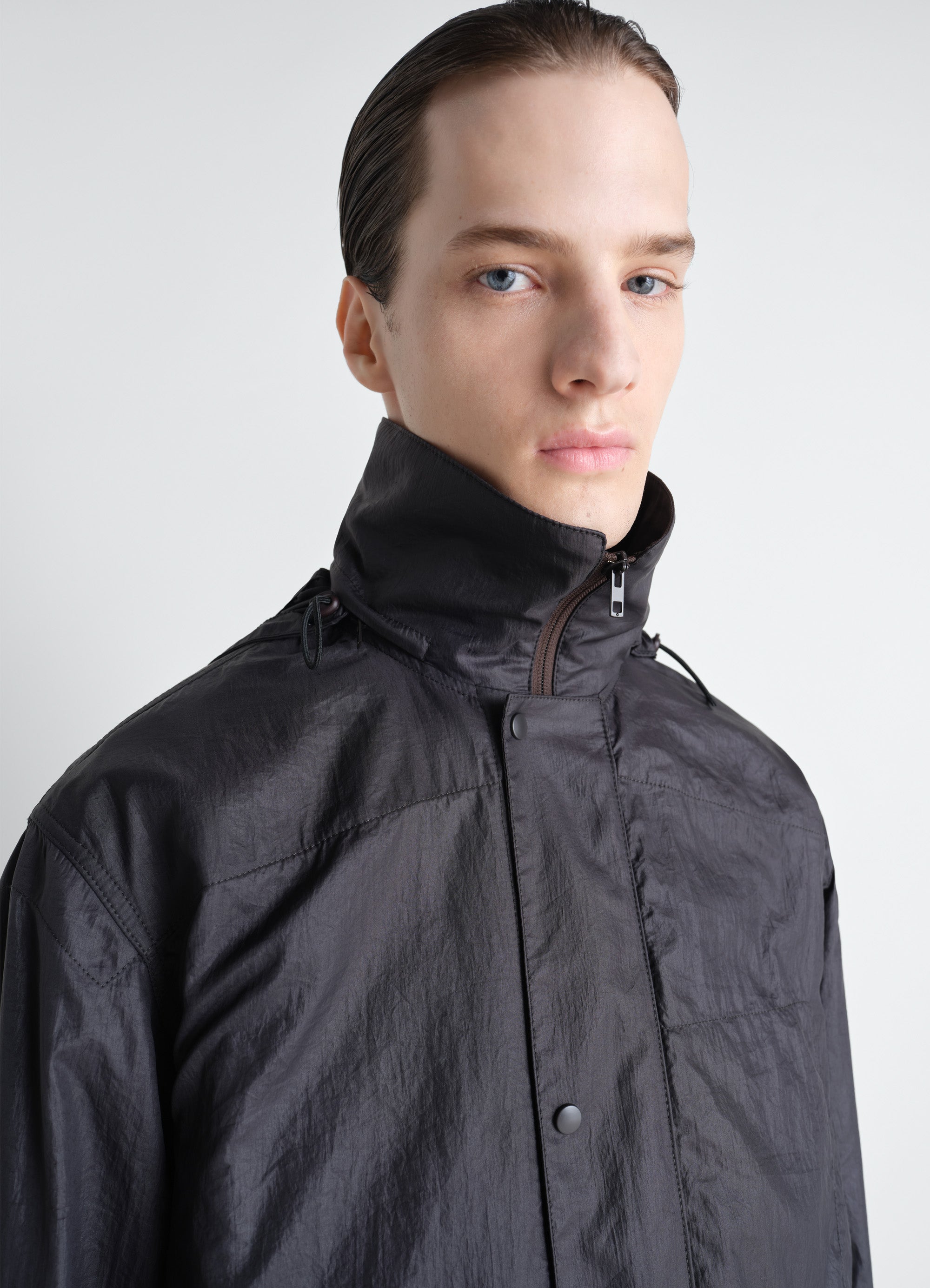 HOODED RAINCOAT IN LIGHT NYLON - Ash Black - Water Repellent Light