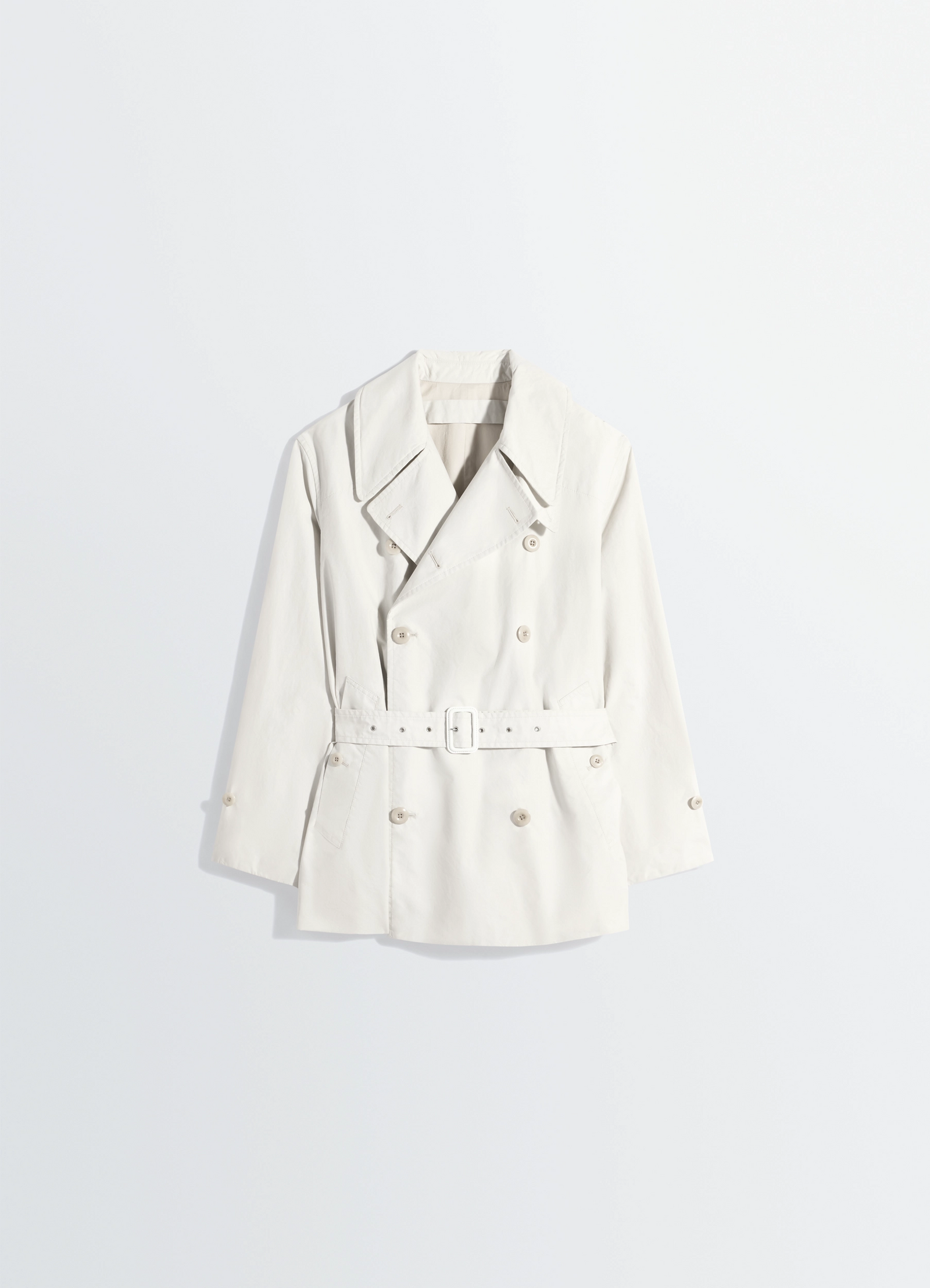 Cropped trench in ventile® cotton in water-repellent ventile® cotton, product shot, overhead view buttoned waist belt