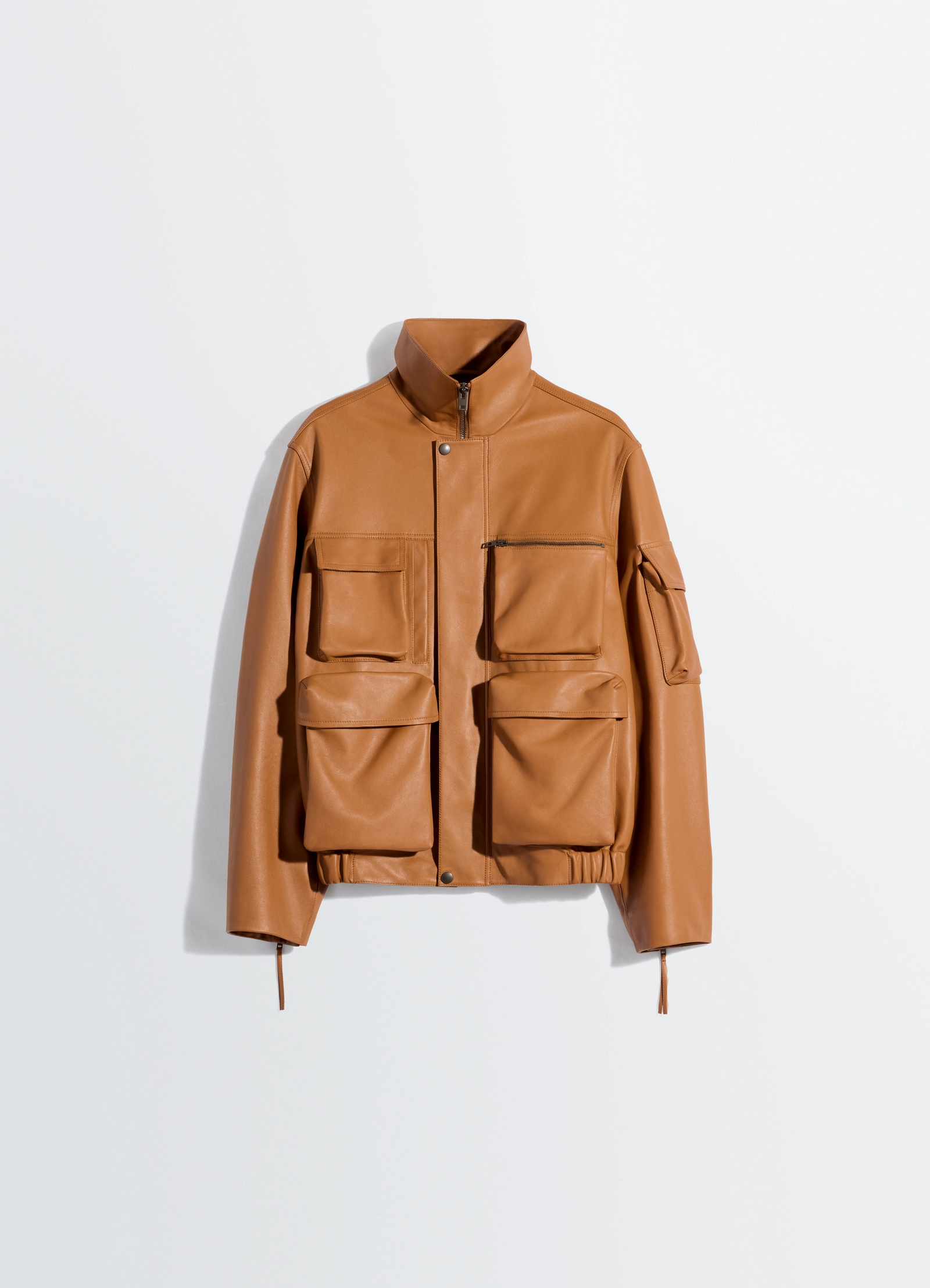 Lemaire leather blouson in cowhide leather, product shot, detail pocket view structured oversized fit