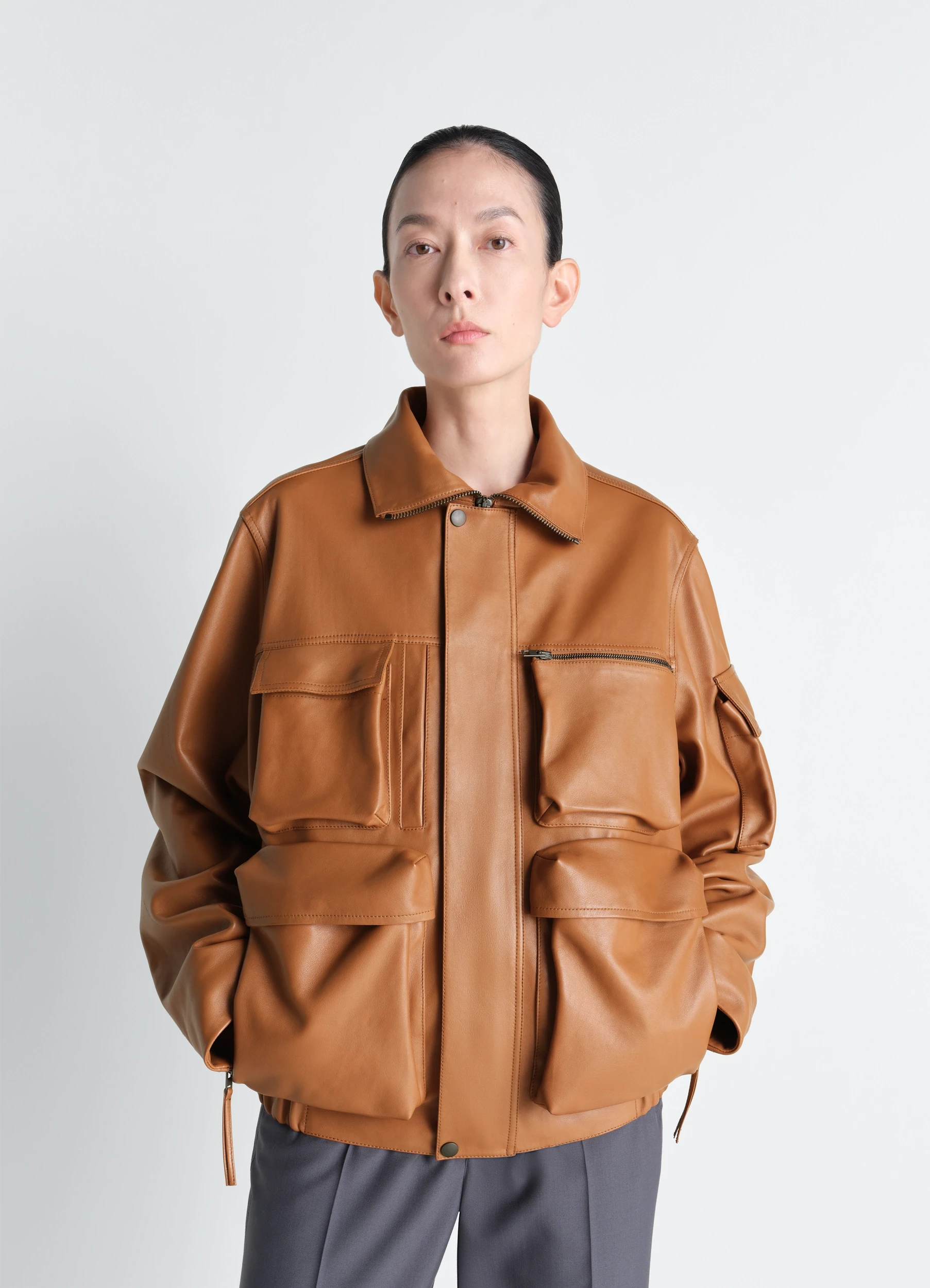 LEATHER BLOUSON WITH POCKETS IN LEATHER - Toffee - Heavy Cow