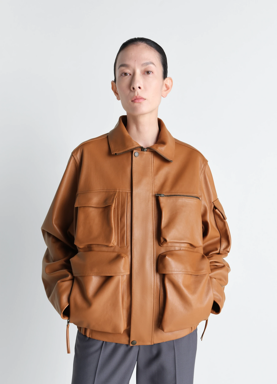 Lemaire Leather Blouson in Cowhide Leather, model shot, Front view Multiple pockets