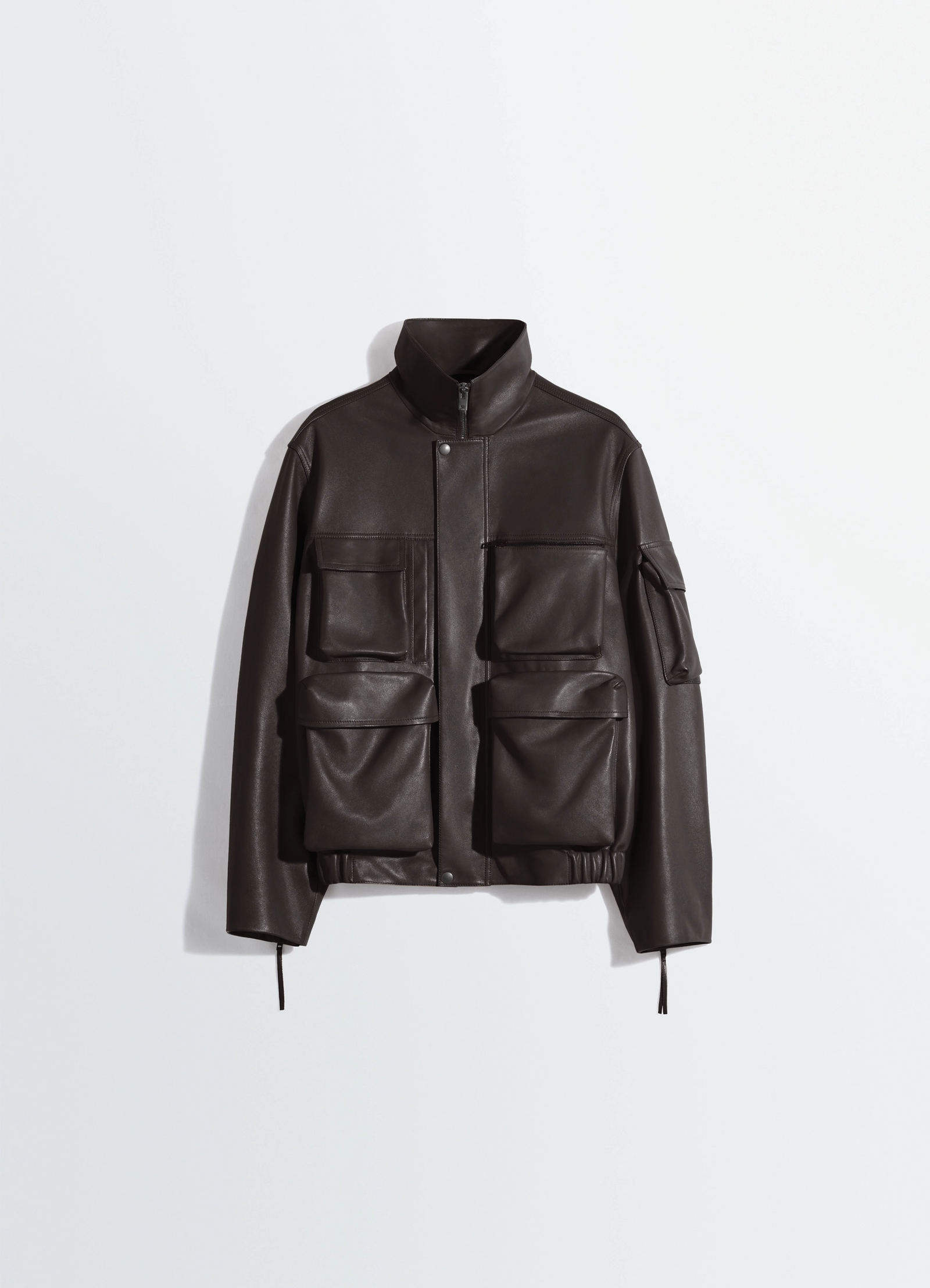 Lemaire leather blouson in cowhide leather, product shot, straight-on flatlay structured high collar