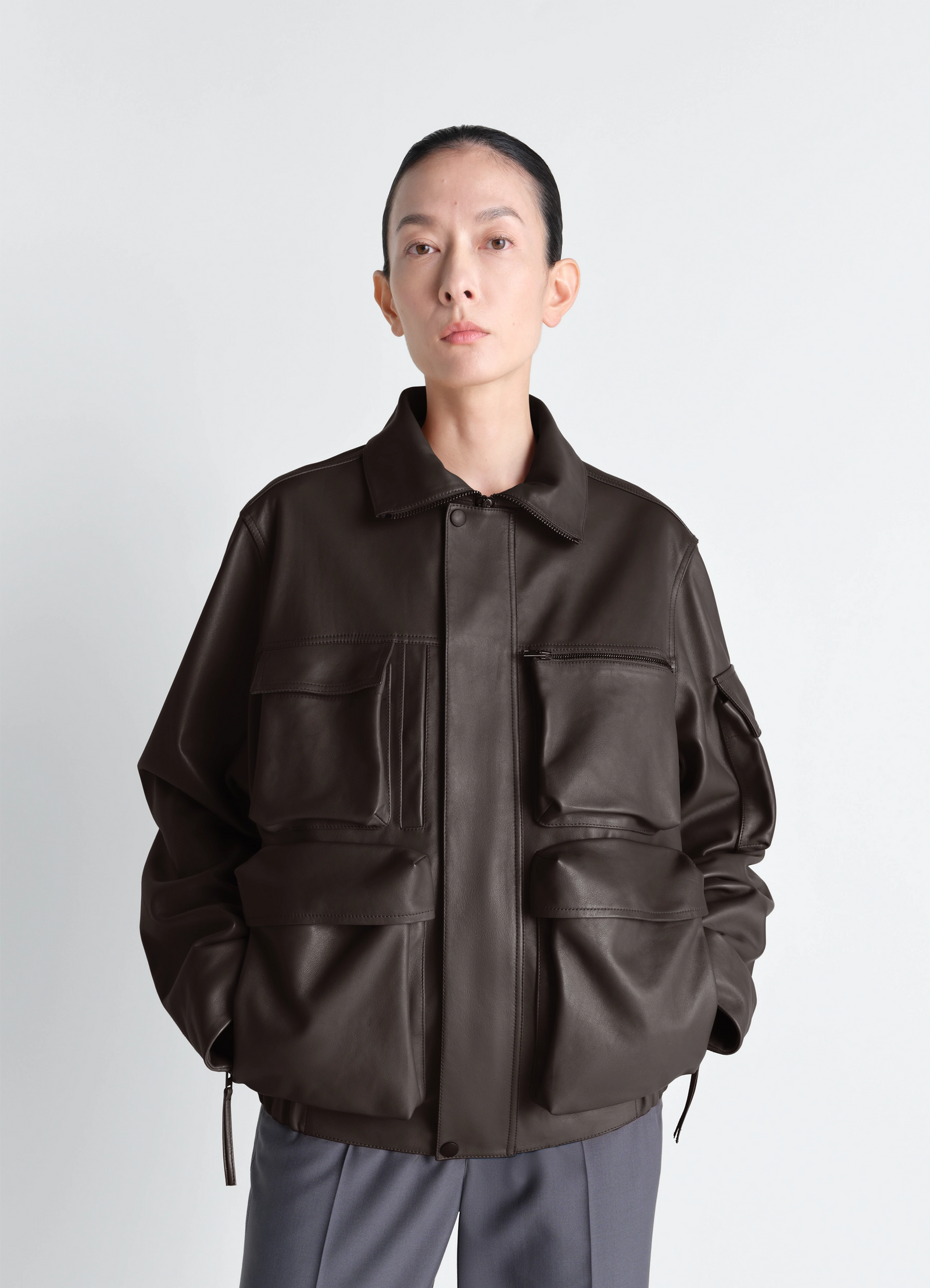 Lemaire leather blouson in cowhide leather, model shot, close-up front view drop shoulder design