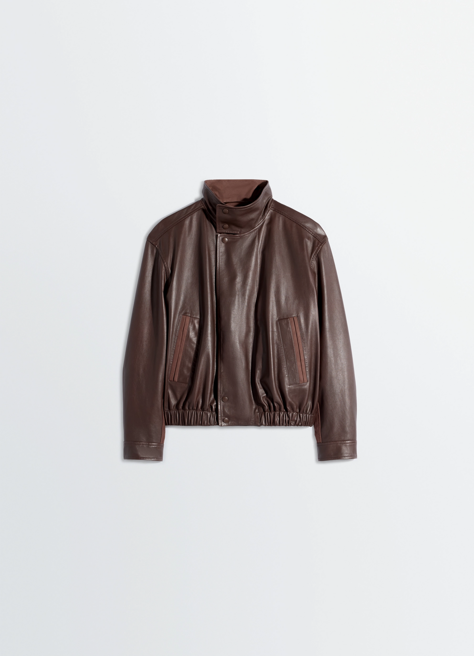 Lemaire soft leather blouson in paper leather, product shot, flat lay top view elastic hem relaxed fit