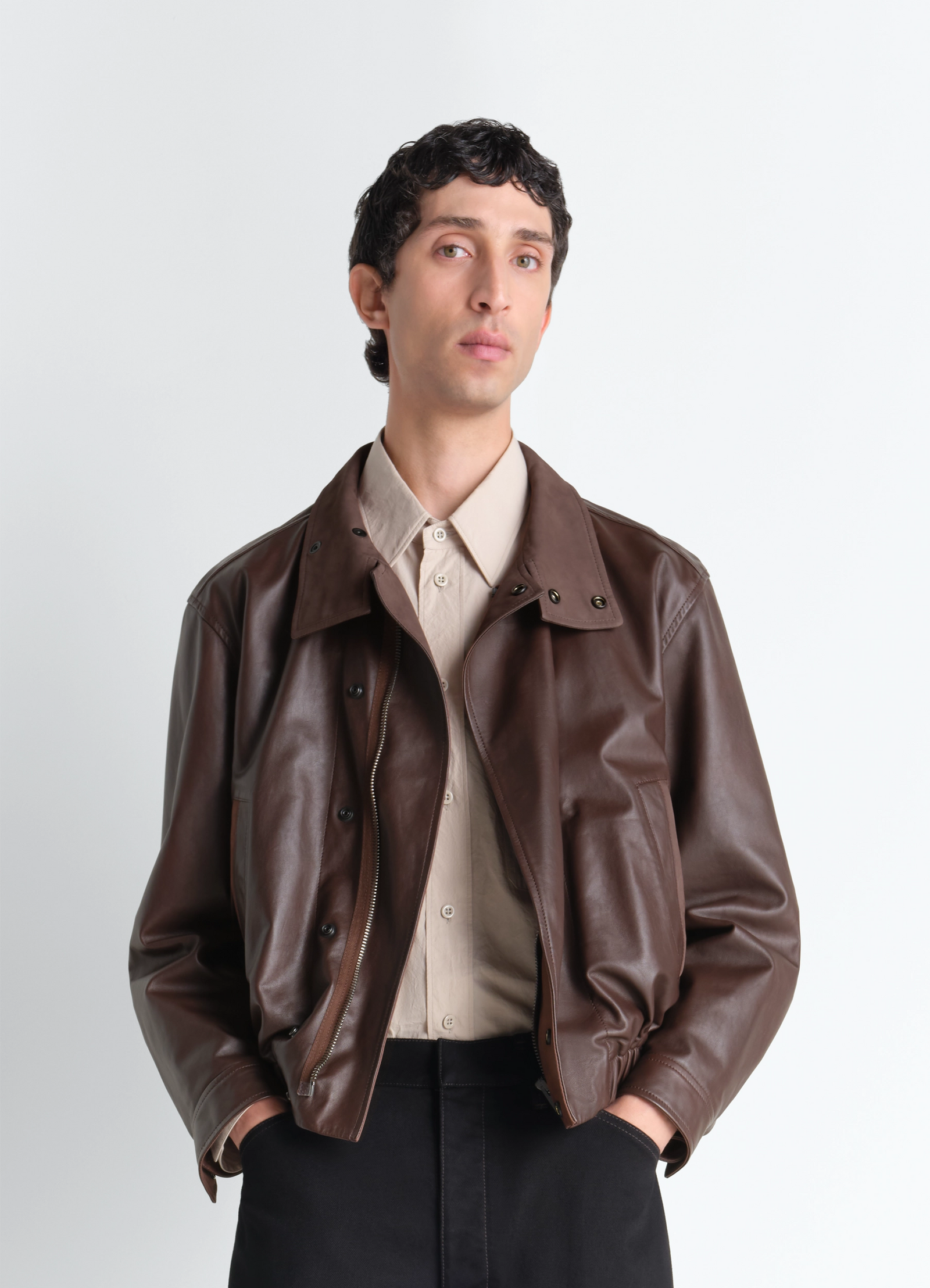 Lemaire soft leather blouson in paper leather, model shot, front view relaxed fit