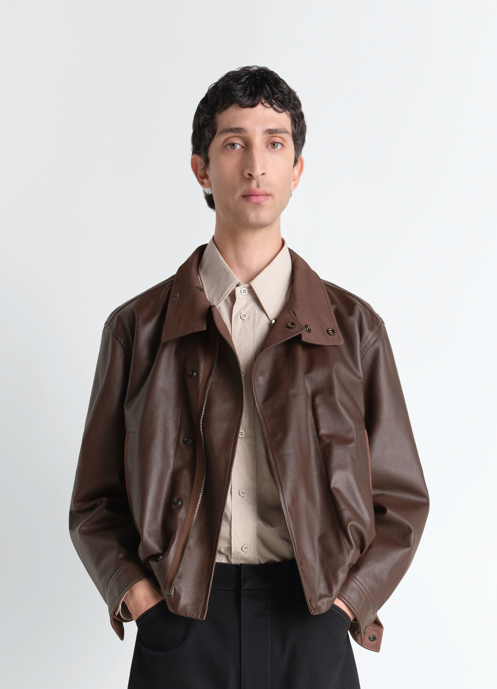 Lemaire soft leather blouson in paper leather, model shot, half-length front view collar open styling