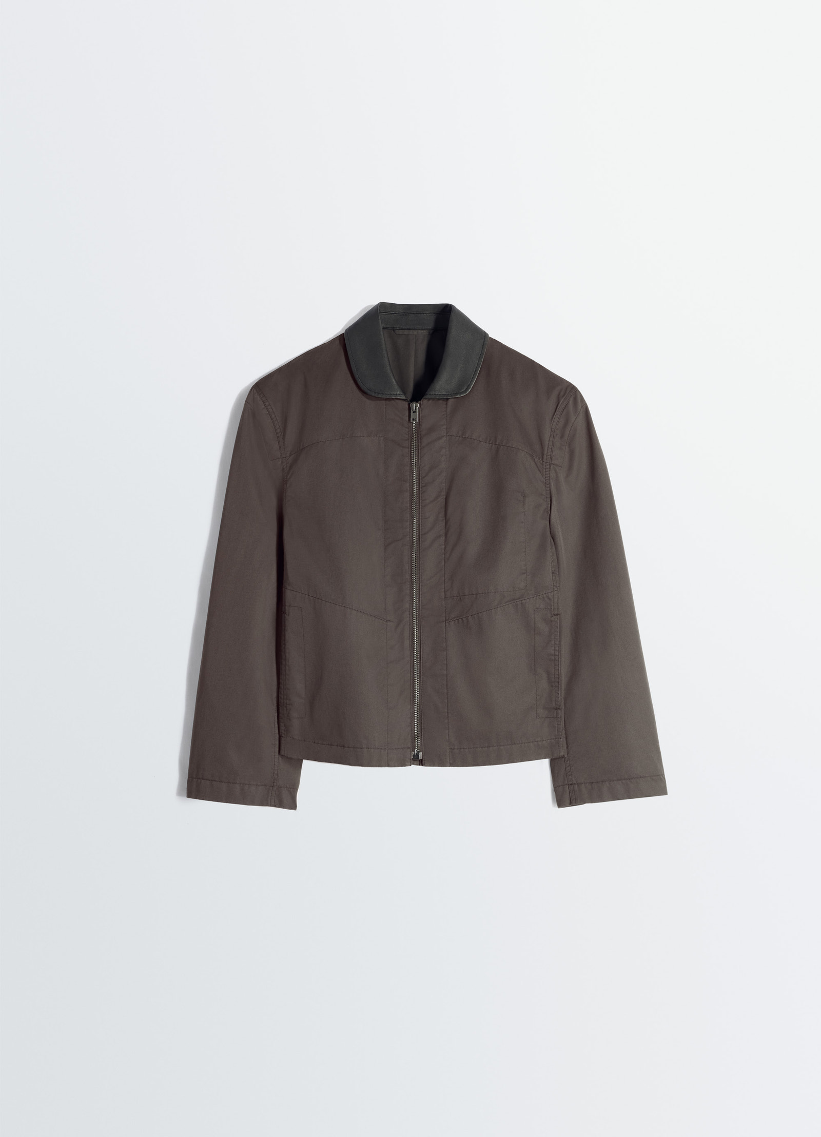 Leather collar blouson in cotton twill, product shot, slightly angled view visible seam detail