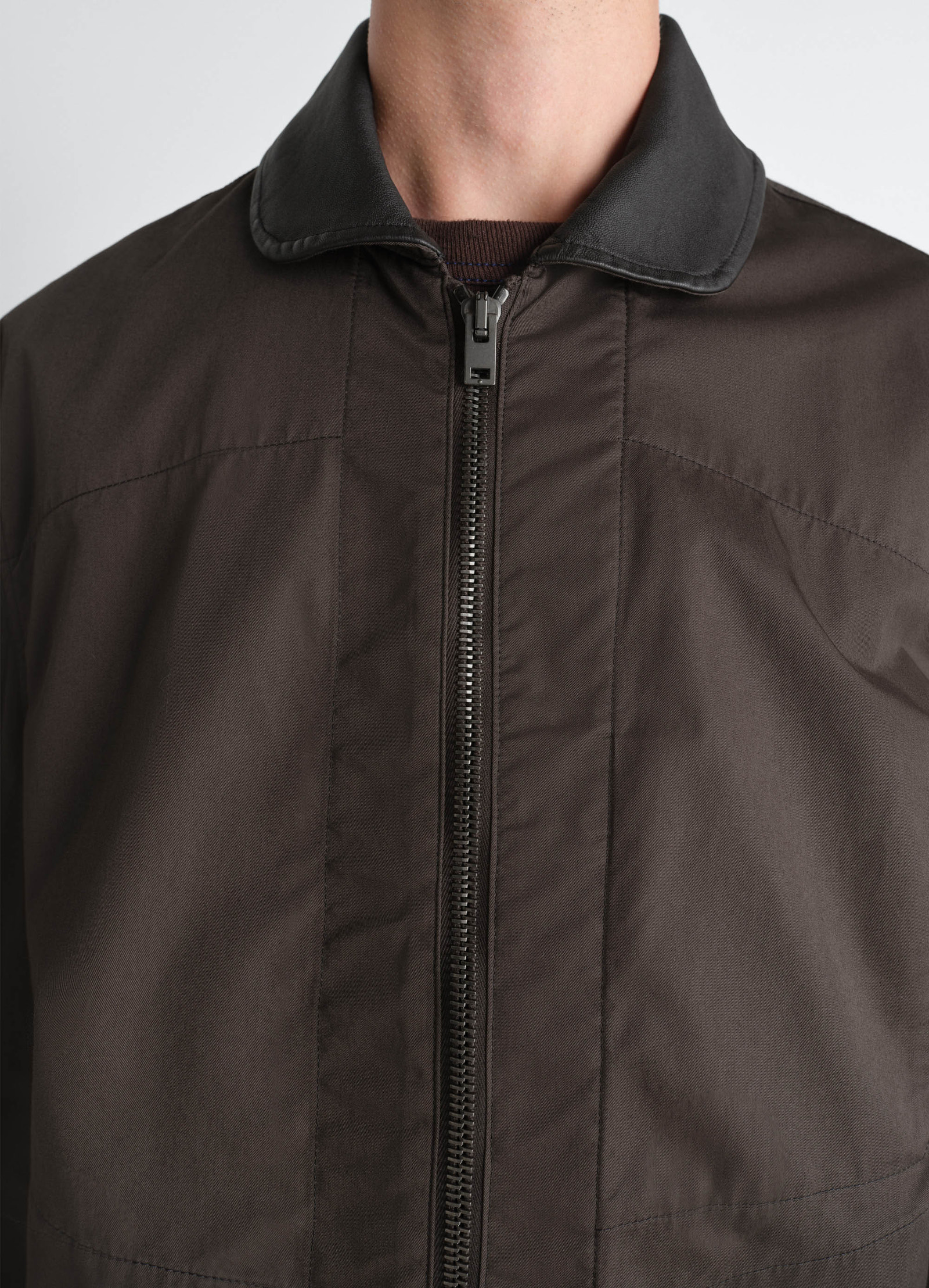 Leather collar blouson in cotton twill, model shot, detail shot leather collar close-up