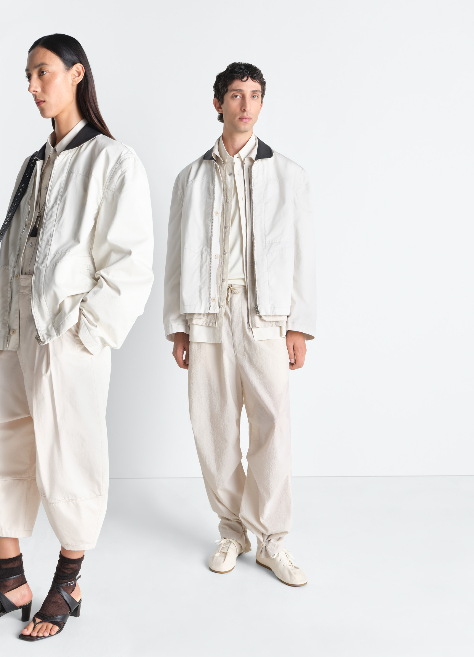 Leather collar blouson in cotton twill