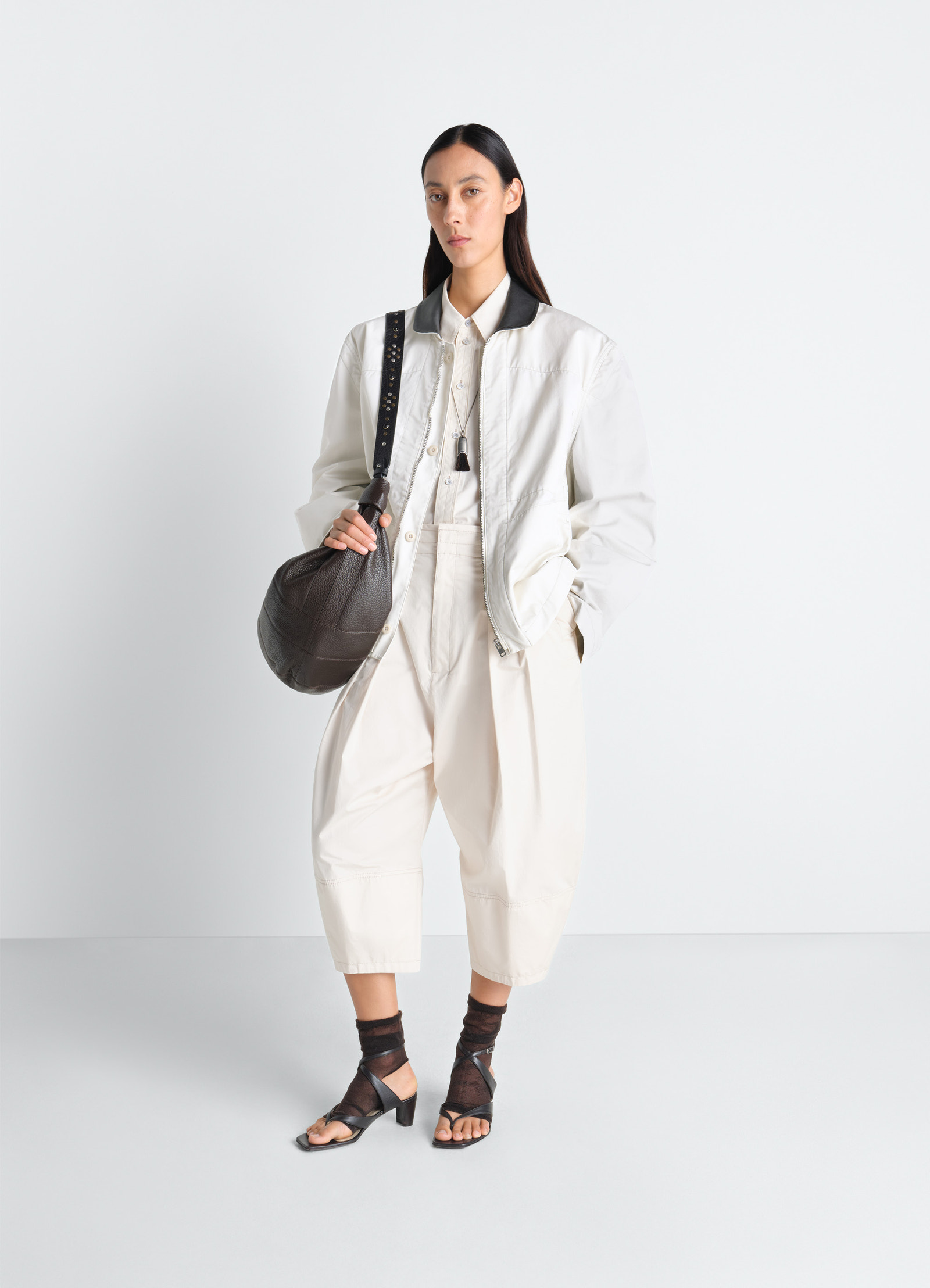 Leather collar blouson in cotton twill