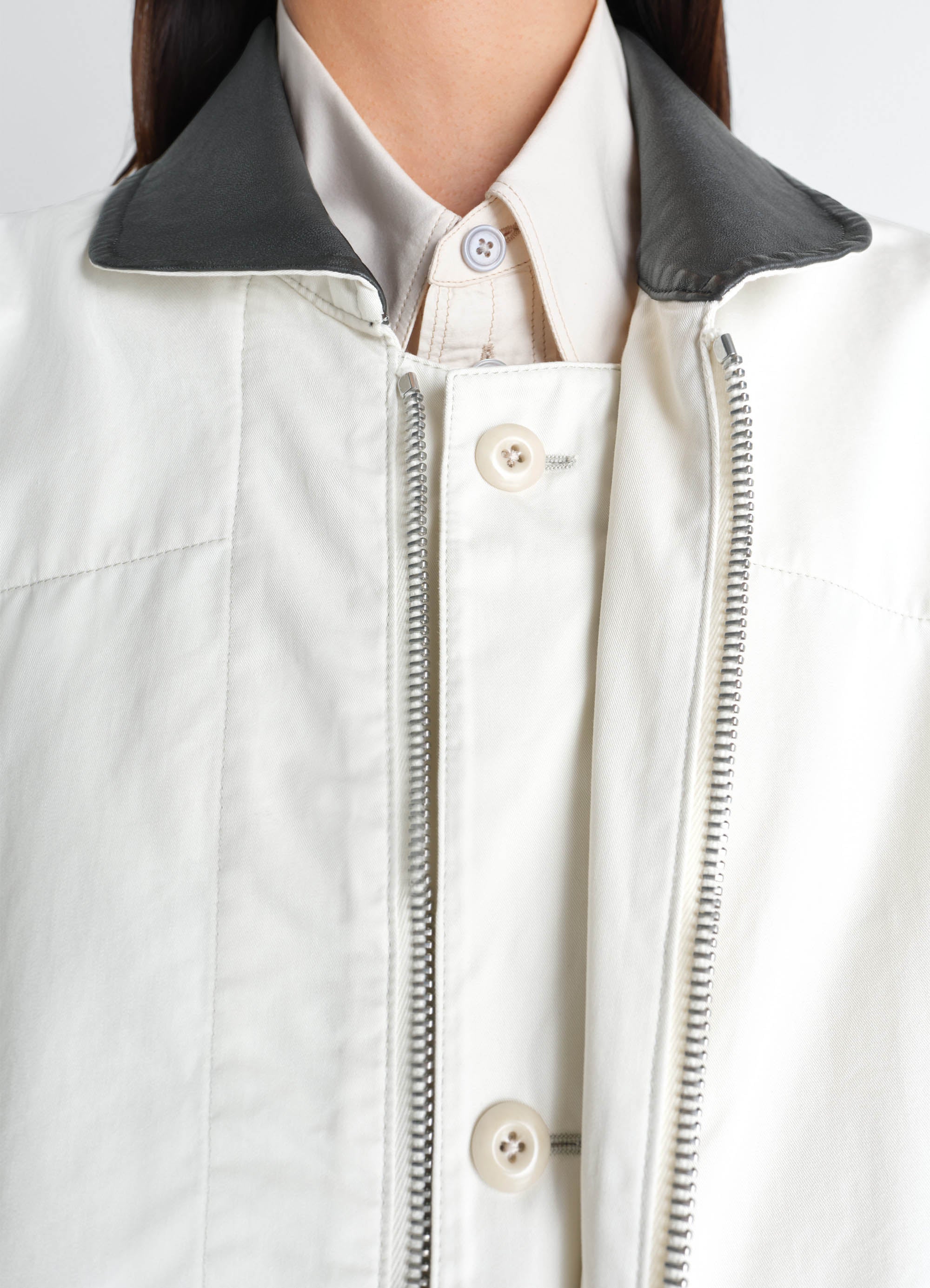 LEATHER COLLAR BLOUSON IN COTTON TWILL - Rice Powder - Cotton