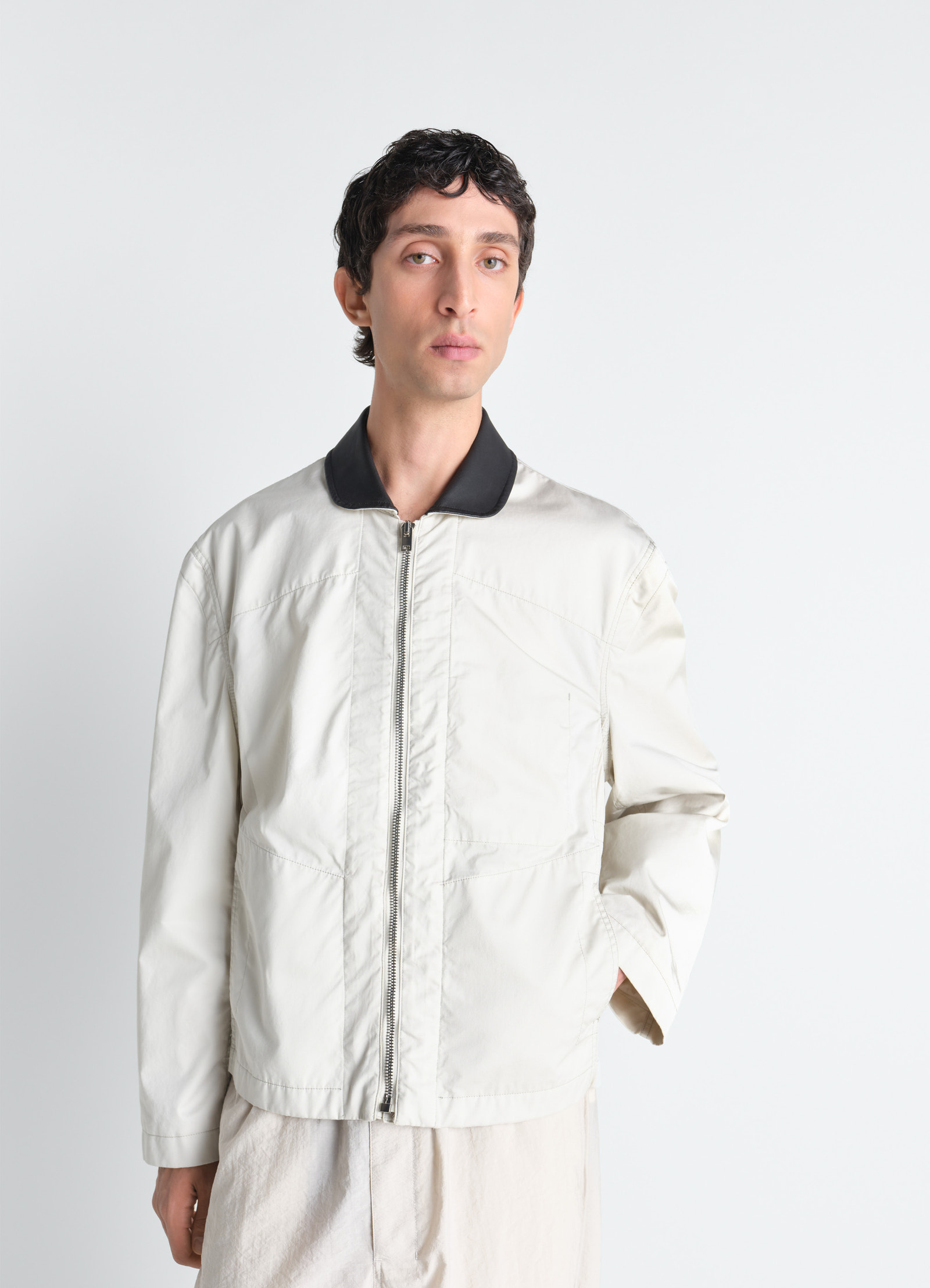 Leather collar blouson in cotton twill