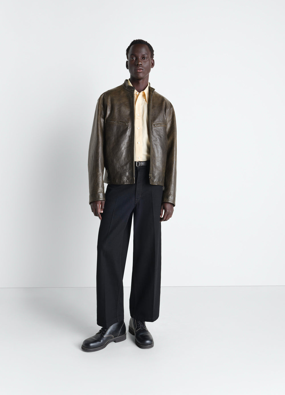 Boxy Biker Jacket in Waxy Cow Leather, model shot, full body front view worn over shirt and trousers