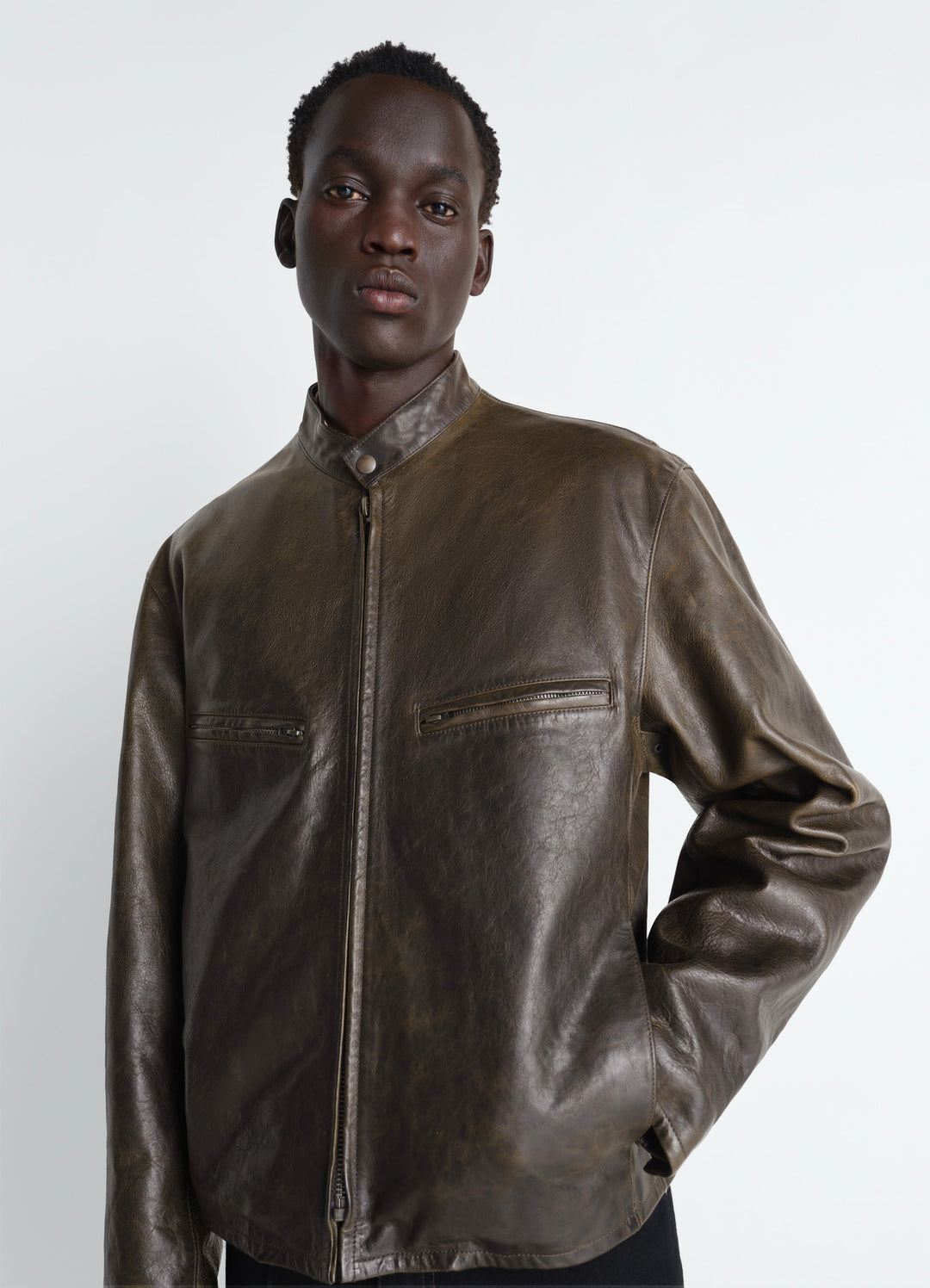 Boxy Biker Jacket in Waxy Cow Leather, model shot, Front view Boxy fit with zippers