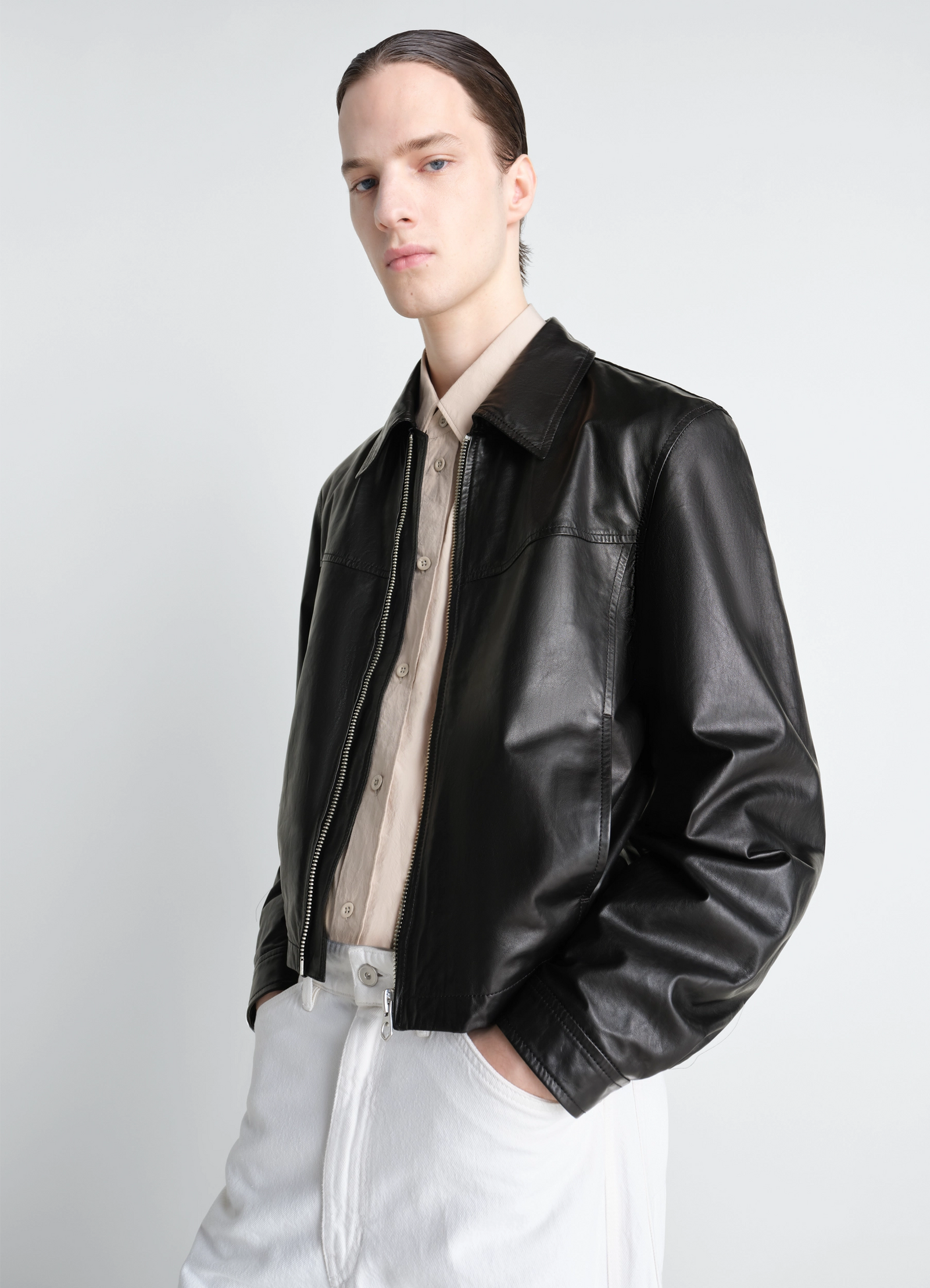 Lemaire biker blouson in paper leather, model shot, front side view fitted cut