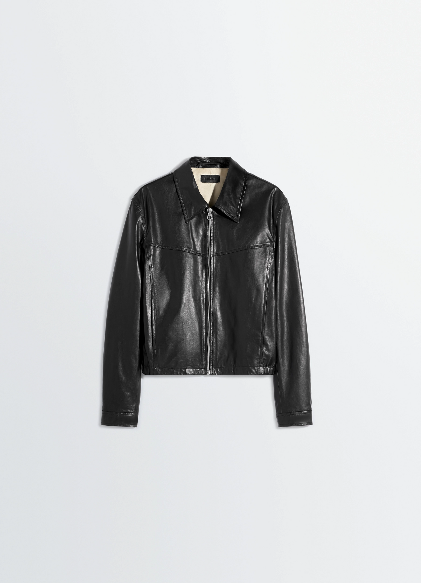Lemaire biker blouson in paper leather, product shot, top view smooth texture