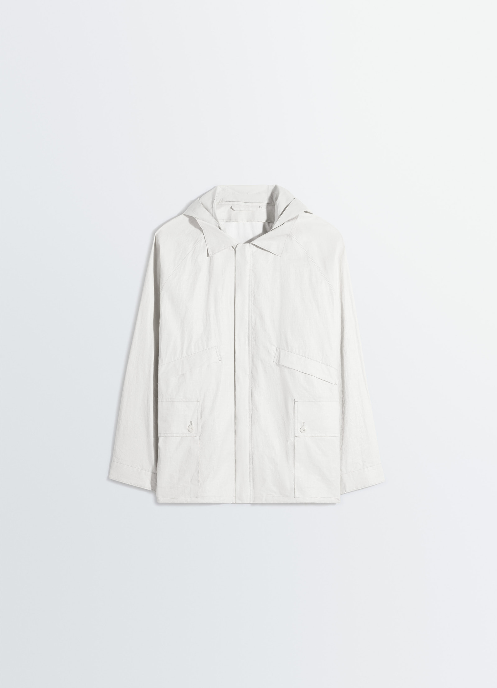 Lemaire rain jacket in coated technical linen, product shot, angled top view minimalistic seam visibility