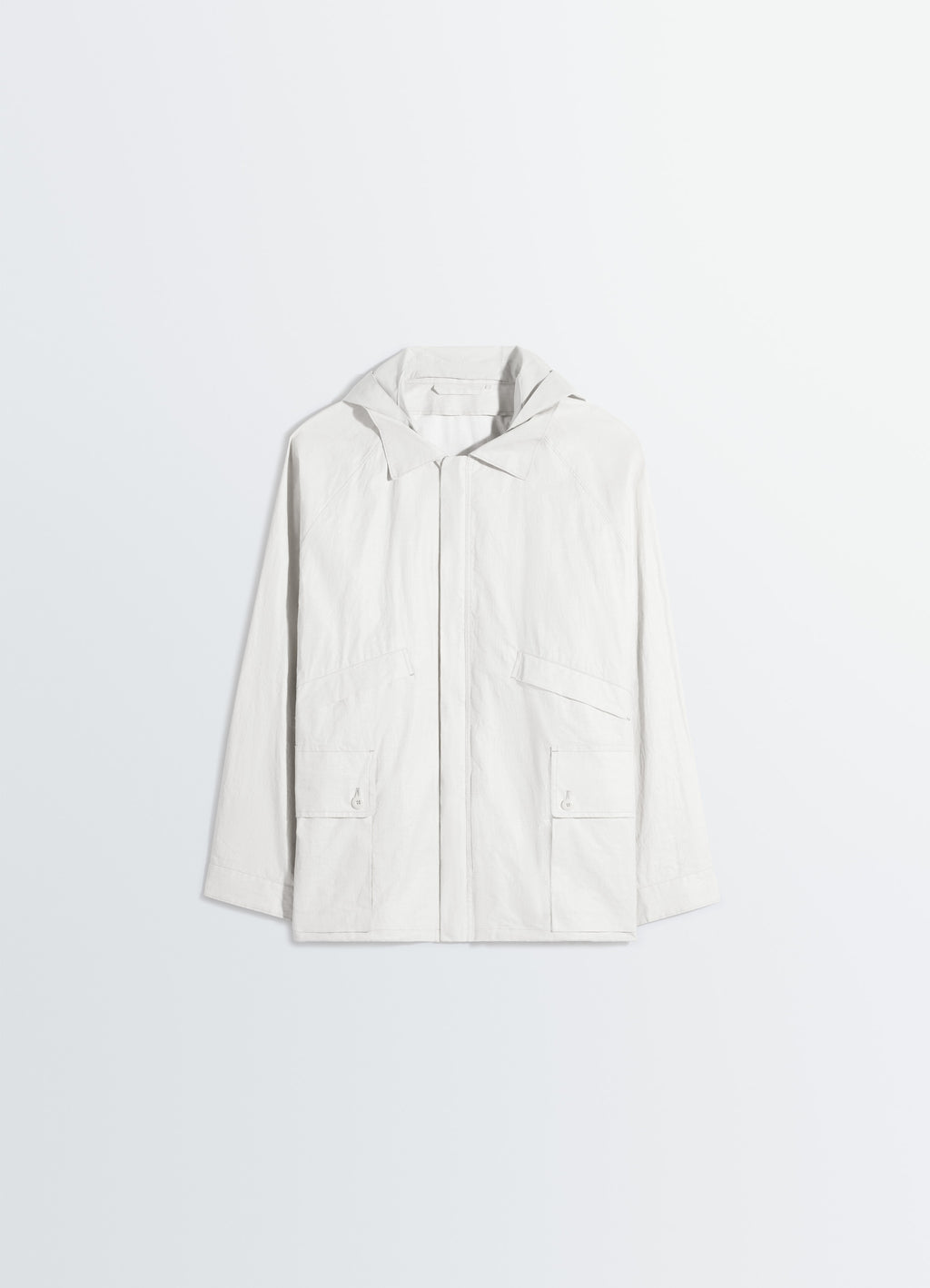 Rain jacket with detachable hood in coated technical linen