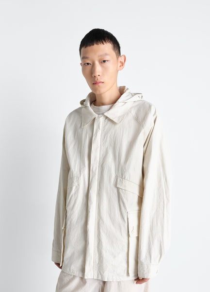 RAIN JACKET WITH DETACHABLE HOOD IN COATED TECHNICAL LINEN - Oat