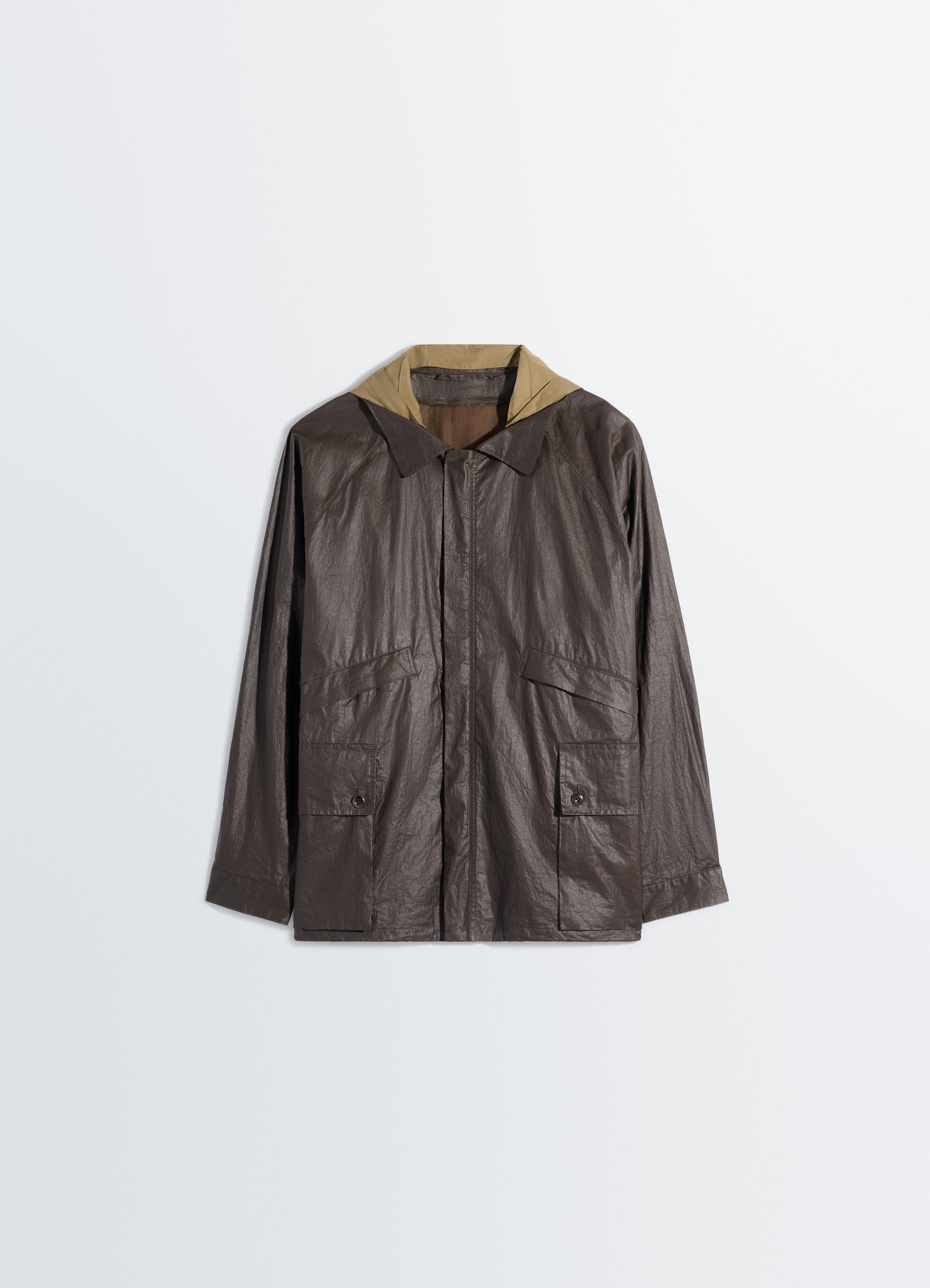 Lemaire rain jacket in coated technical linen, product shot, hanger shot straight cut