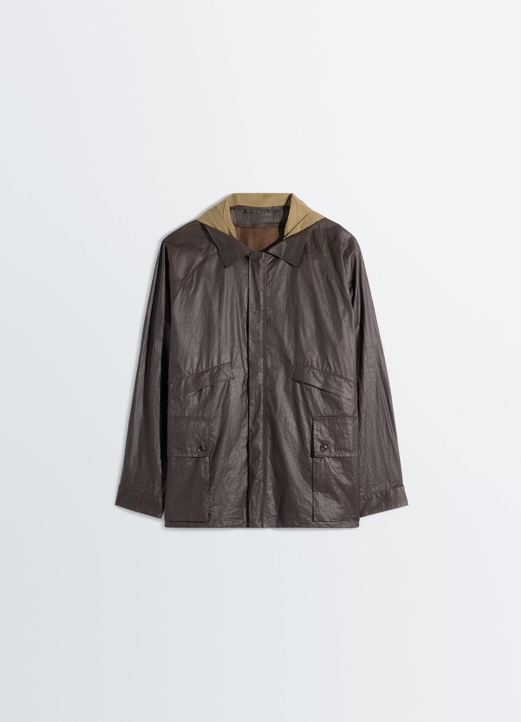 Rain jacket with detachable hood in coated technical linen
