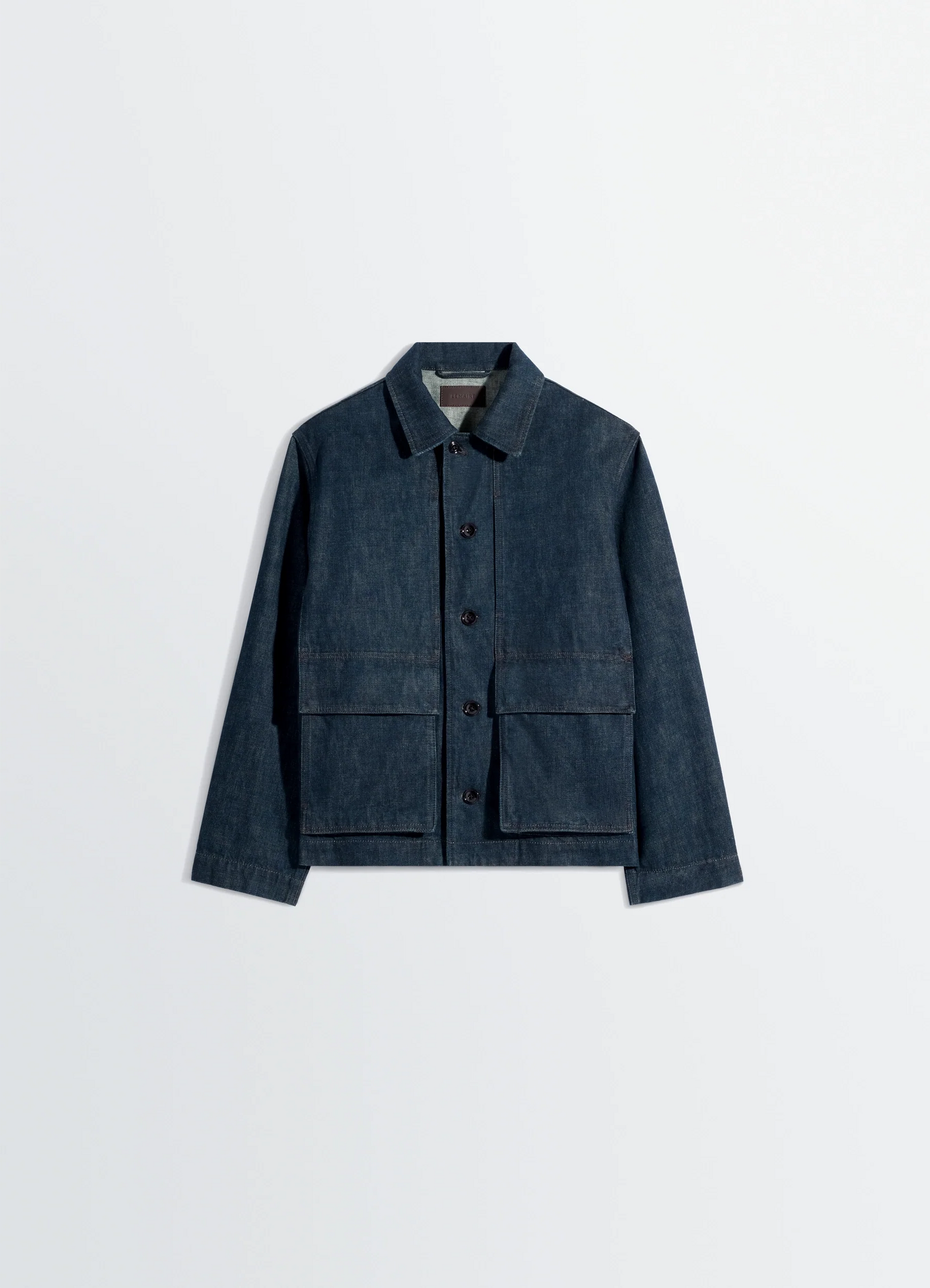 Boxy jacket in indigo denim in indigo denim, product shot, top-down view collared neckline