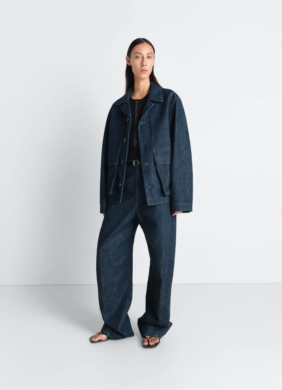 Boxy Jacket in Indigo Denim in Indigo Denim, model shot, Front view Boxy fit, workwear style