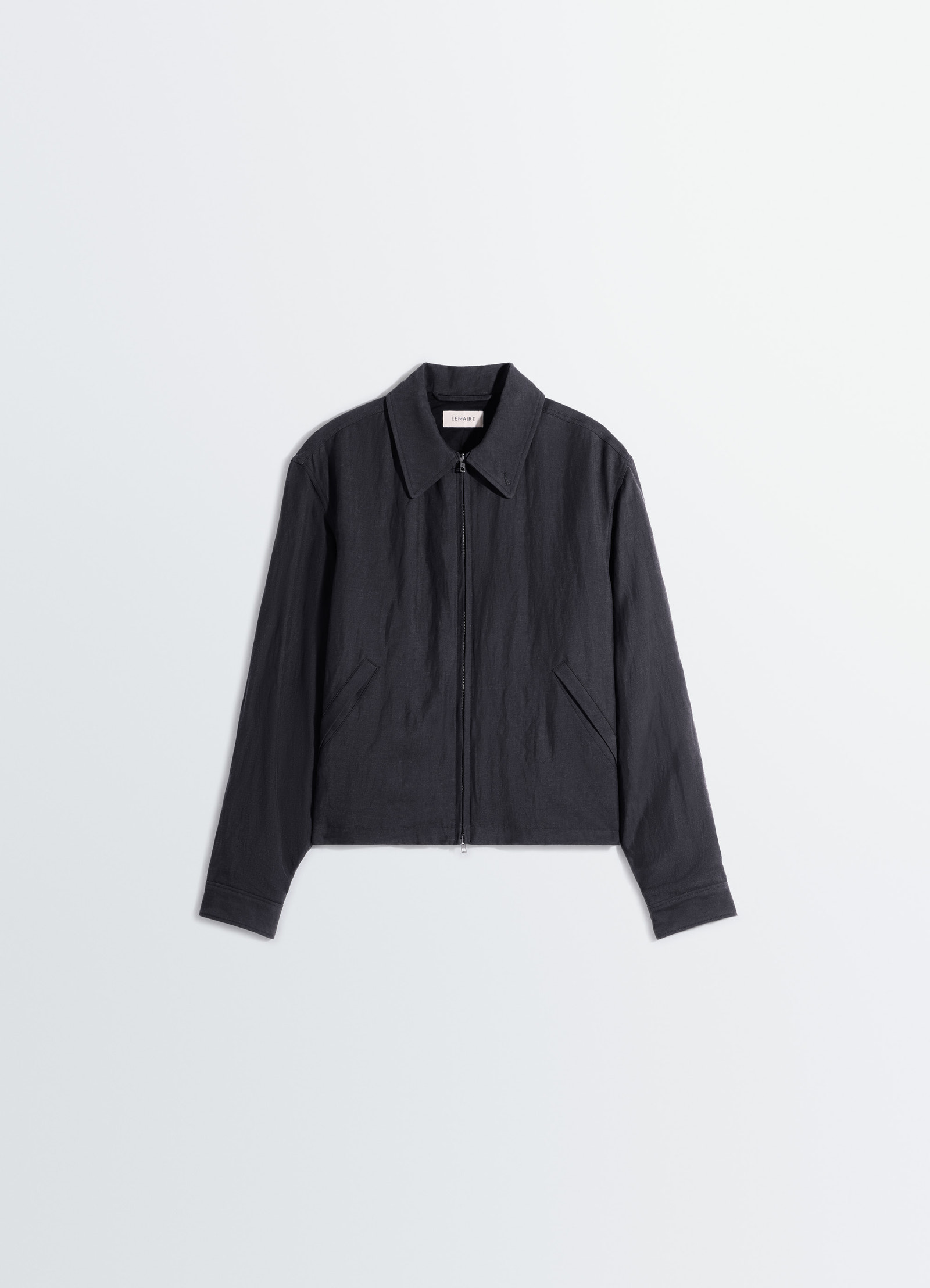 Short blouson in viscose linen gabardine, product shot, flat lay view pointed collar