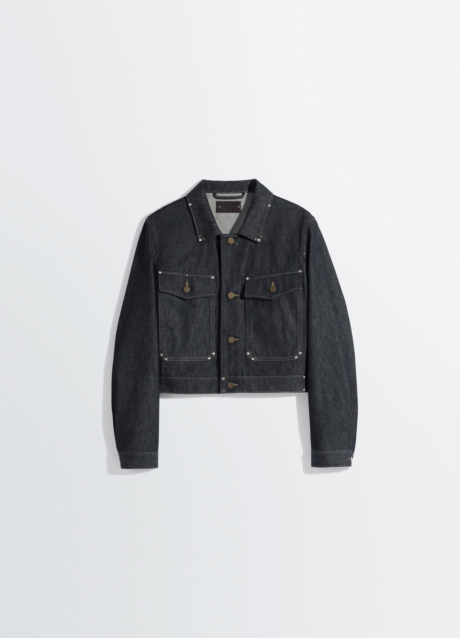 Cropped blouson with studs in slate-colored denim, product shot, top-down view pointed collar, buttoned cuffs