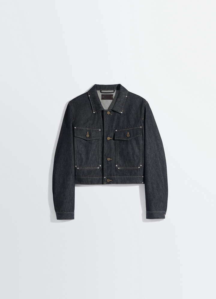 Cropped Blouson with Studs in Slate-colored Denim, product shot, top-down view pointed collar, buttoned cuffs