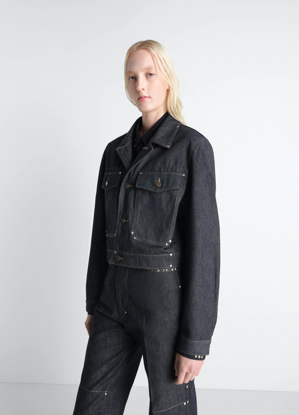 CROPPED BLOUSON WITH STUDS IN DENIM