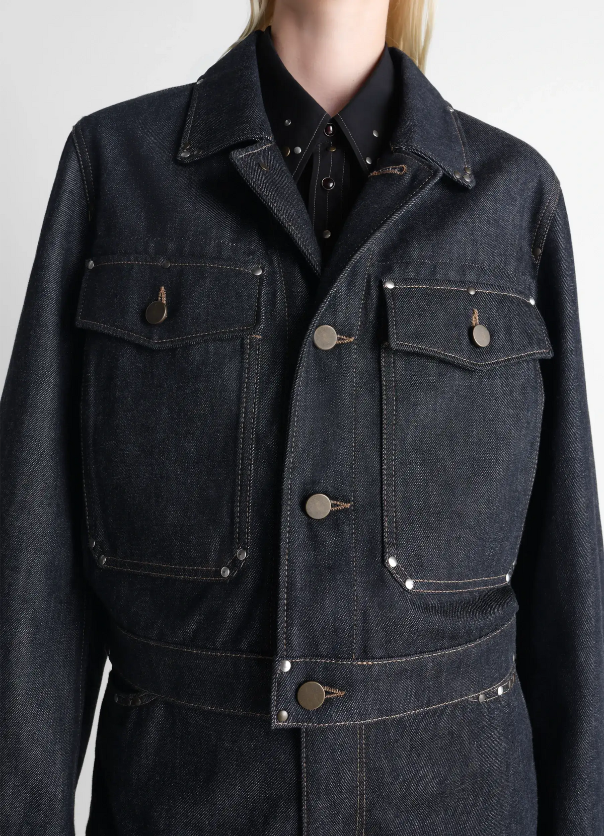 CROPPED BLOUSON WITH STUDS IN DENIM