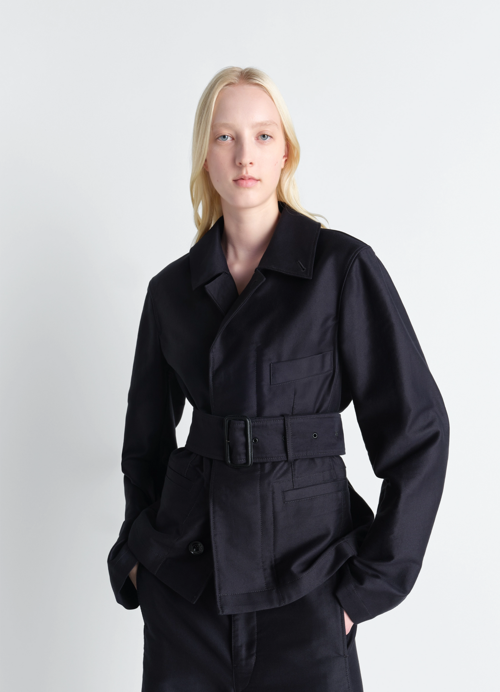 Belted utility jacket in cotton satin, model shot, front view feminine cut with belt