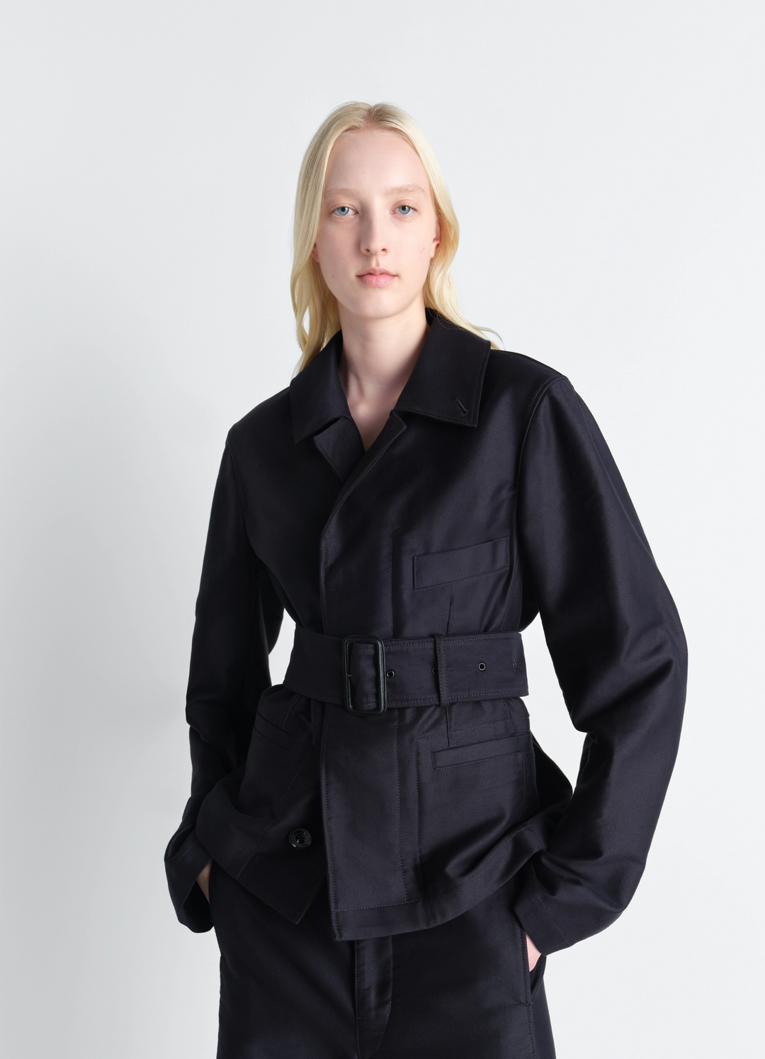 Belted Utility Jacket in Cotton Satin, model shot, Front view Feminine cut with belt