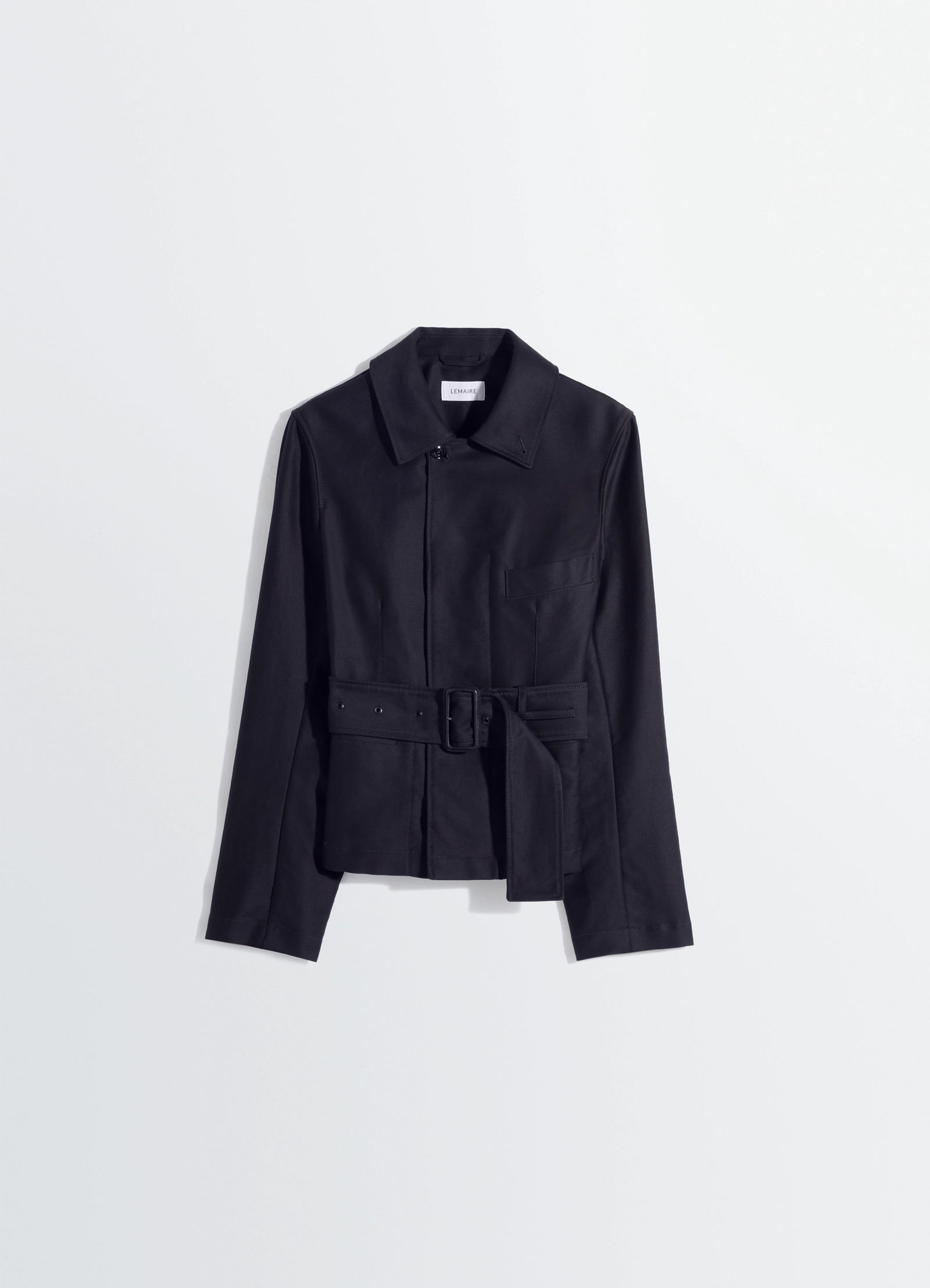Belted utility jacket in cotton satin, product shot, top-down view single chest pocket