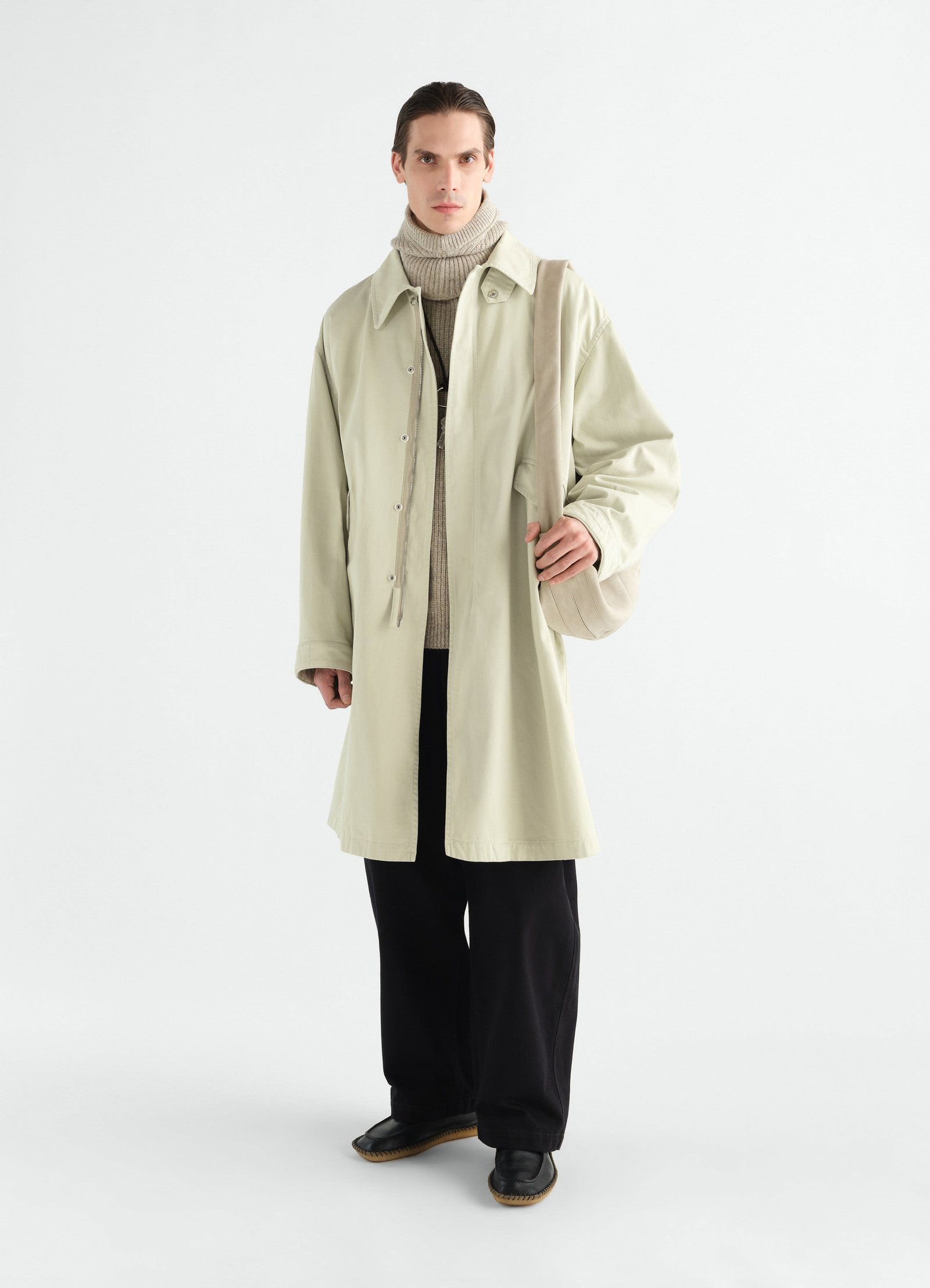 Military parka heavy cotton satin beige worn by model front lemaire