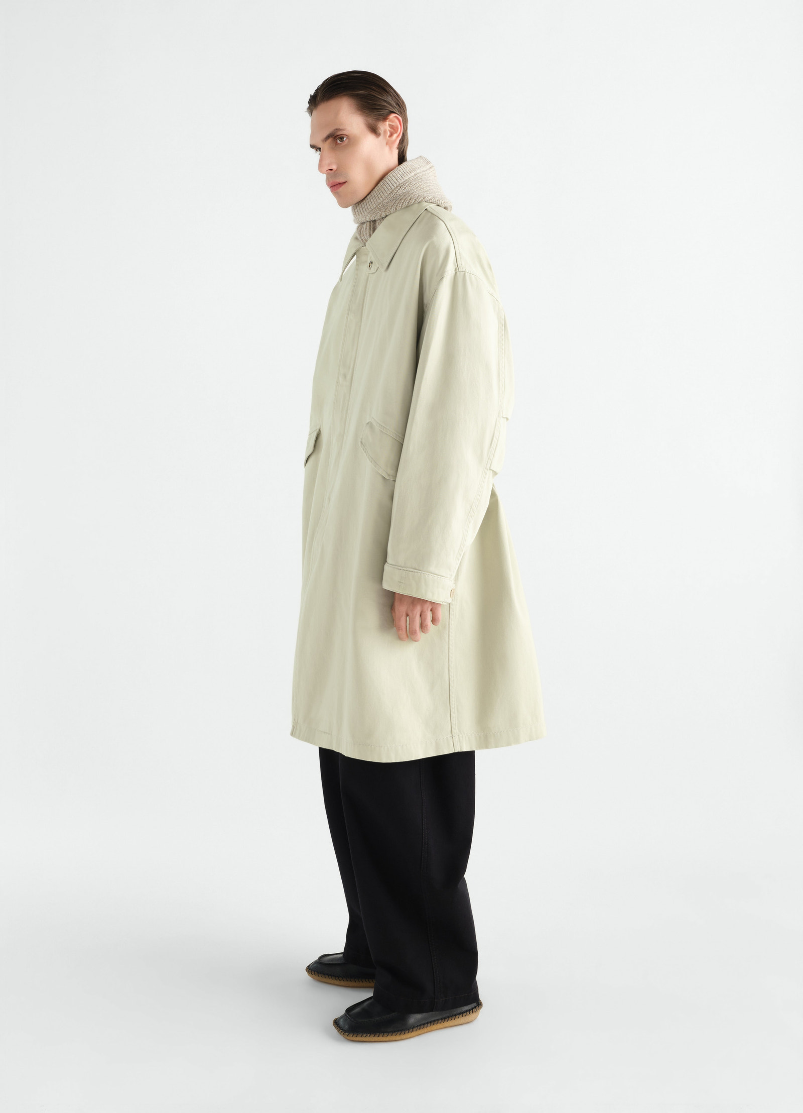 Military parka heavy cotton satin beige worn by model side view lemaire