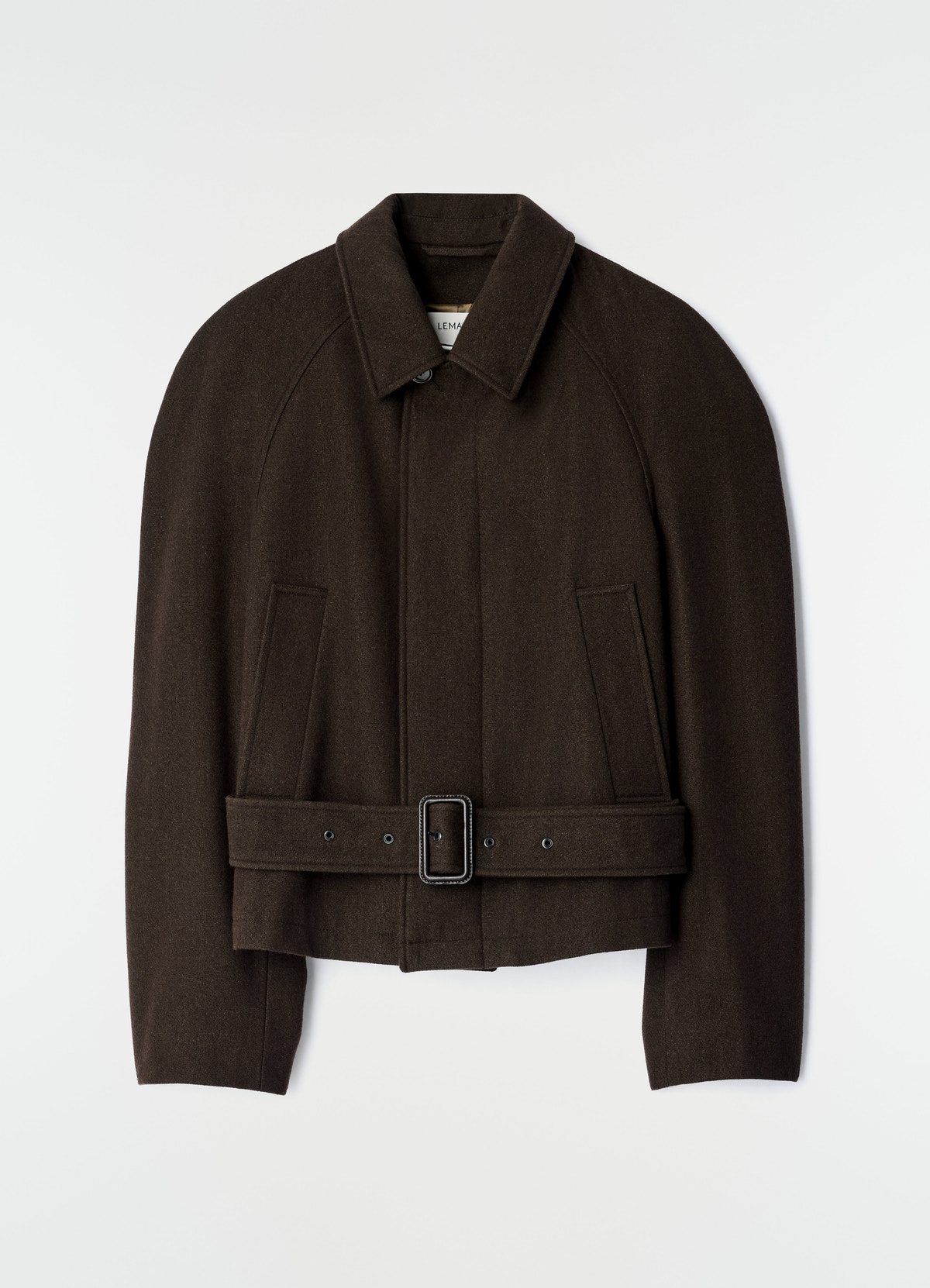 Short dark brown wool cotton twill coat with belt and collar by lemaire flat lay on white background
