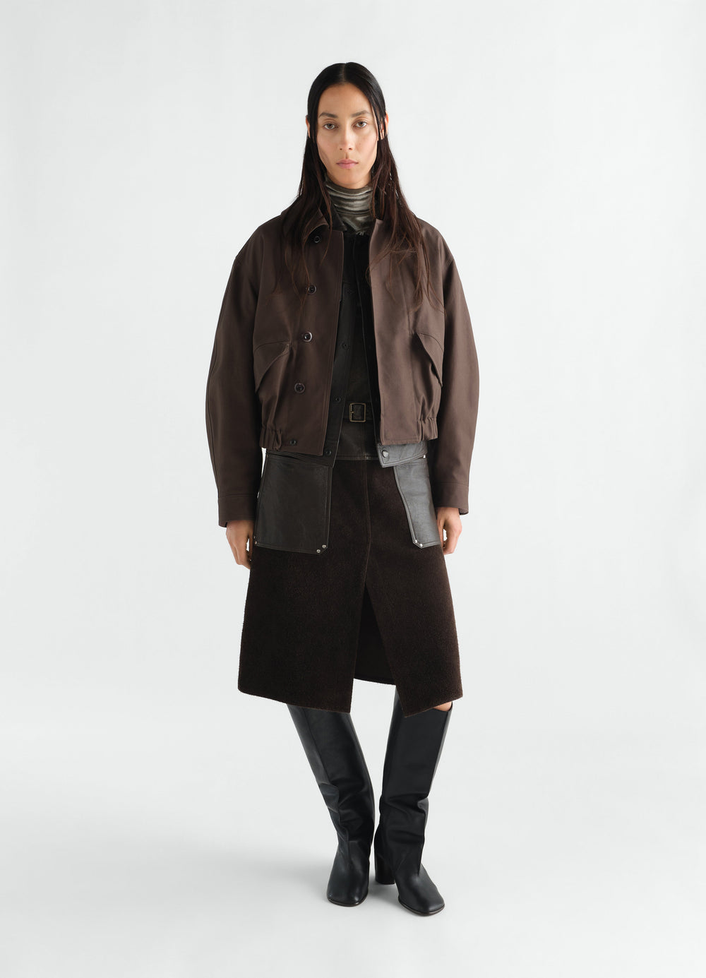 Short blouson in dark brown heavy cotton twill worn by model front view LEMAIRE